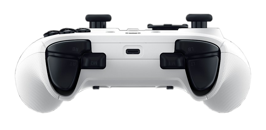 Biały kontroler Xbox, czarne przyciski, z logo Razer na ciemnej powierzchni.