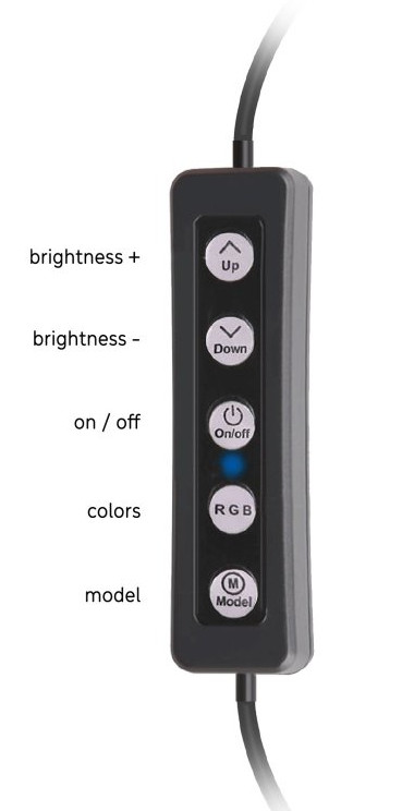 Zbliżenie czarnego panelu sterowania z przyciskami jasności, włączania/wyłączania, kolorów i wyboru modelu. Białe tło.