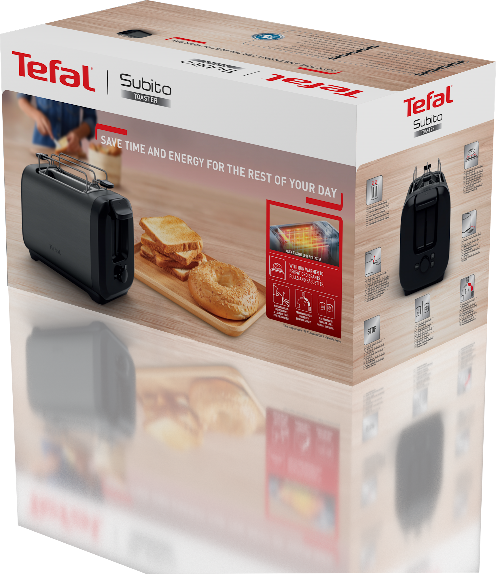 Tefal Subito kenyérpirító doboz, kenyérpirító, pirítós és bagel képekkel.