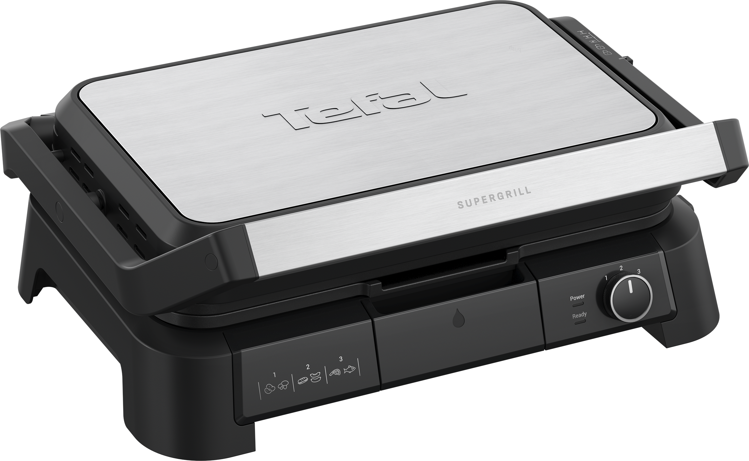Fekete-ezüst Tefal Supergrill, nyitott fedéllel, látható vezérlőpanellel.