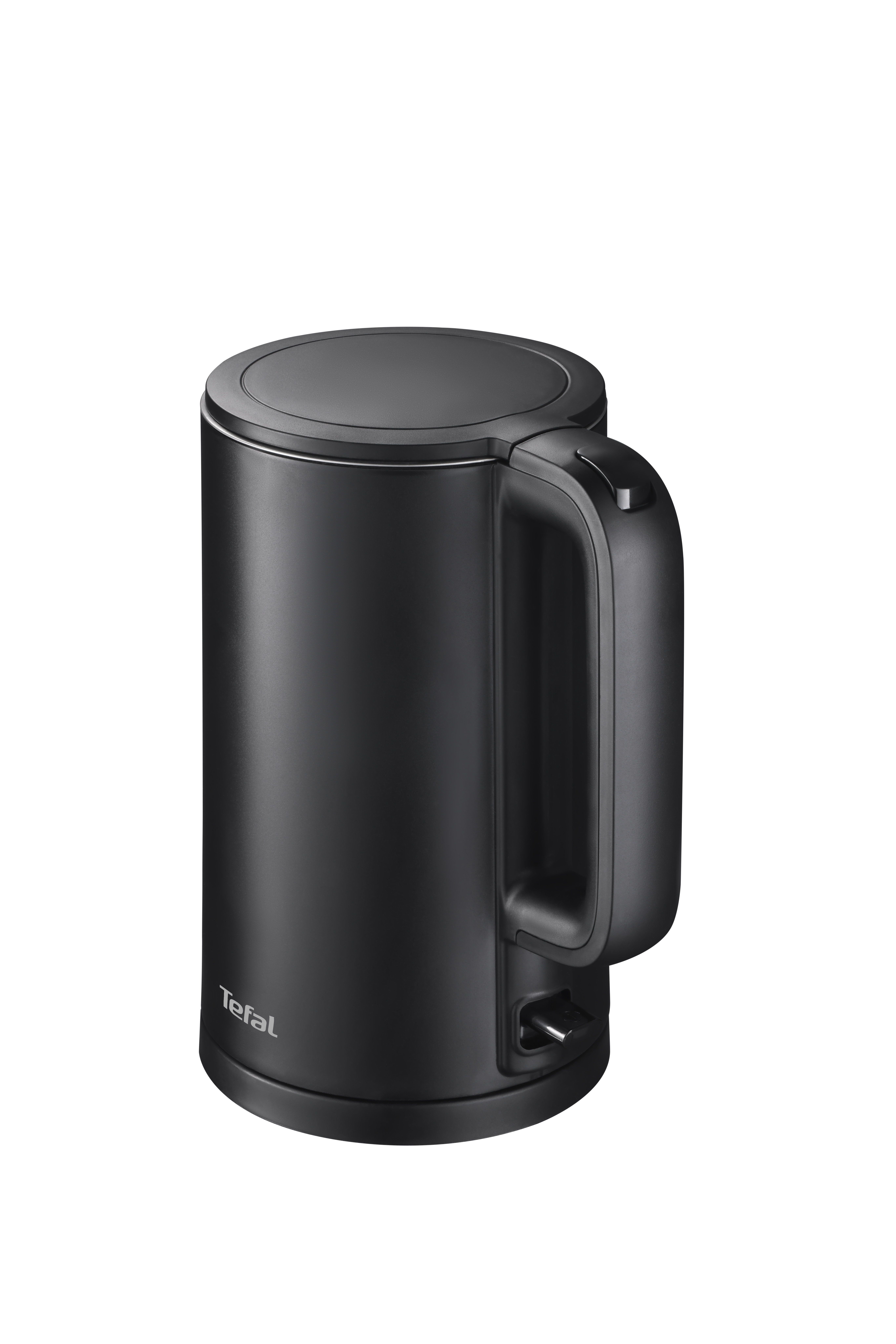 Ein schwarzer Wasserkocher mit Deckel, Tefal-Logo und Griff vor weißem Hintergrund.