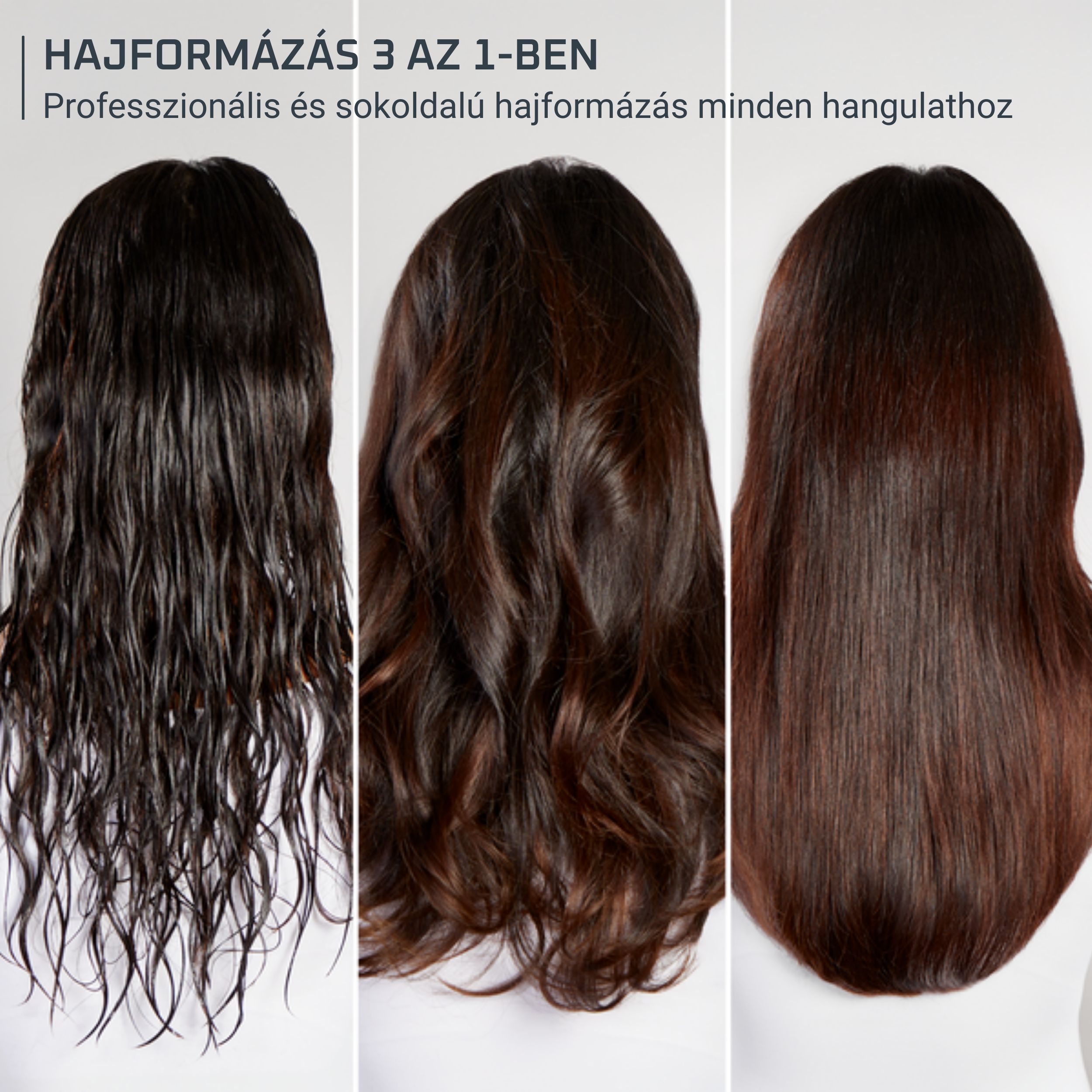 Három nő különböző frizurával, vizes, hullámos és egyenes hajat mutatva.