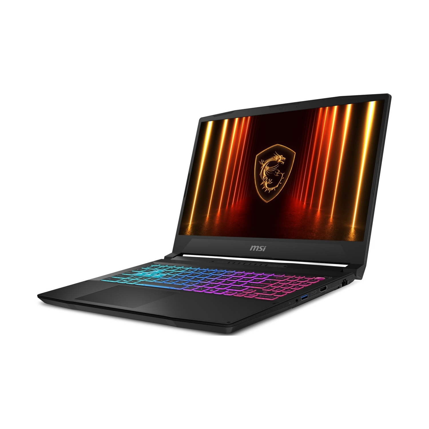 Laptop MSI nero, vista angolata. Lo schermo mostra un logo con un drago dorato, su sfondo bianco.