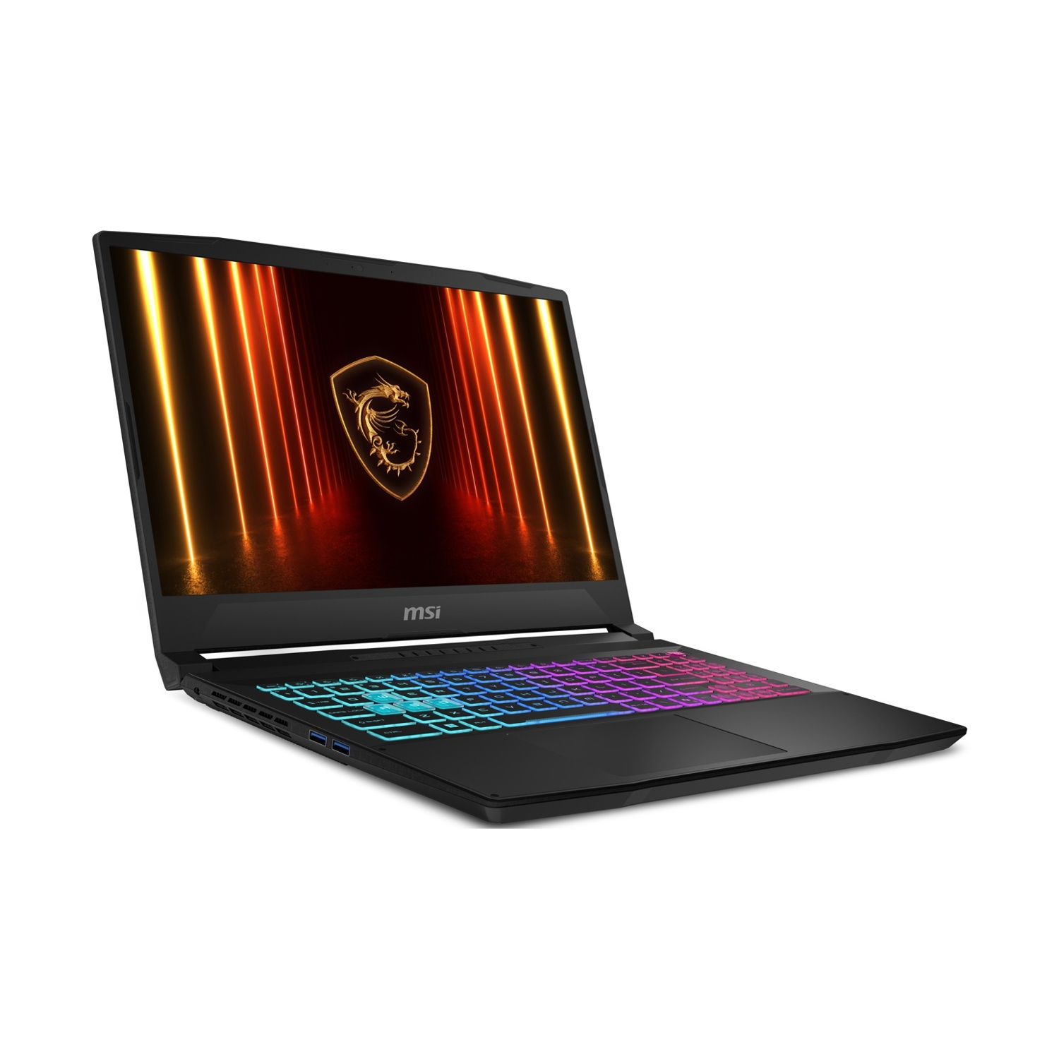 Laptop MSI nero, vista angolata. Lo schermo mostra un logo con un drago dorato, su sfondo bianco.