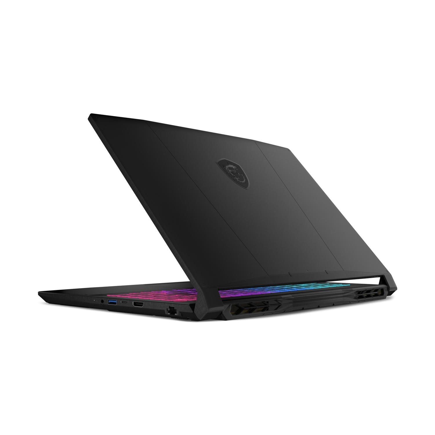 Laptop MSI nero, vista angolata. La tastiera è illuminata con molti colori, su sfondo bianco.