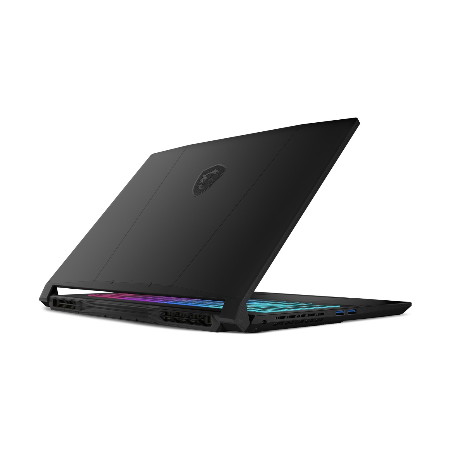 Laptop MSI nero con coperchio leggermente aperto su sfondo bianco. La tastiera è illuminata.