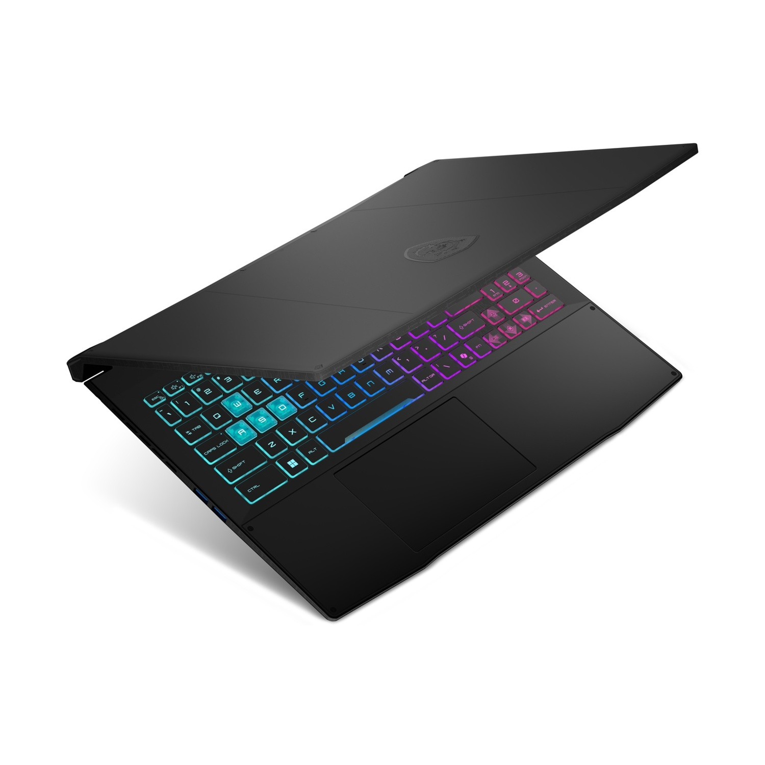 Laptop MSI nero, vista dall'alto. La tastiera è illuminata con molti colori, su sfondo bianco.