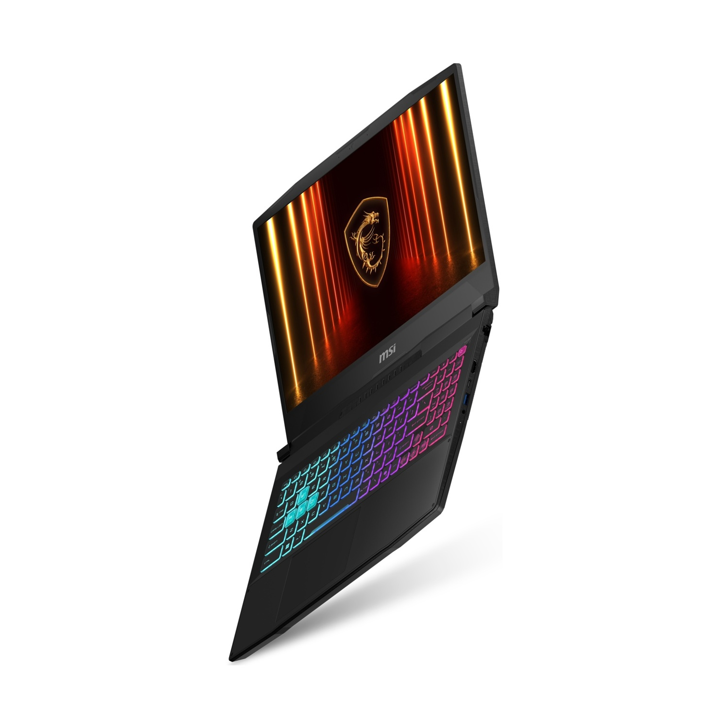 Laptop MSI nero, vista angolata. Lo schermo mostra un logo con un drago dorato, su sfondo bianco.