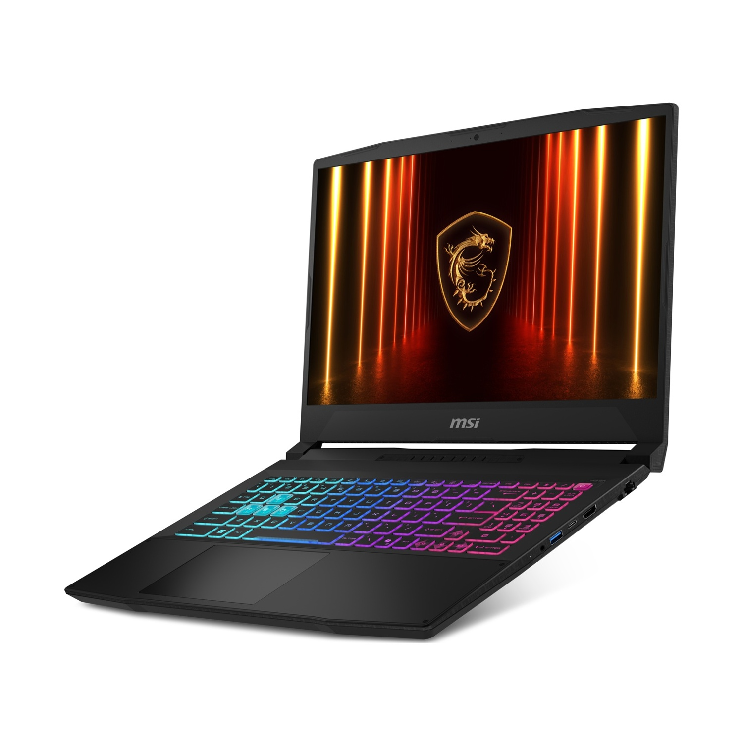 Laptop nero aperto, con tastiera colorata, logo sullo schermo.