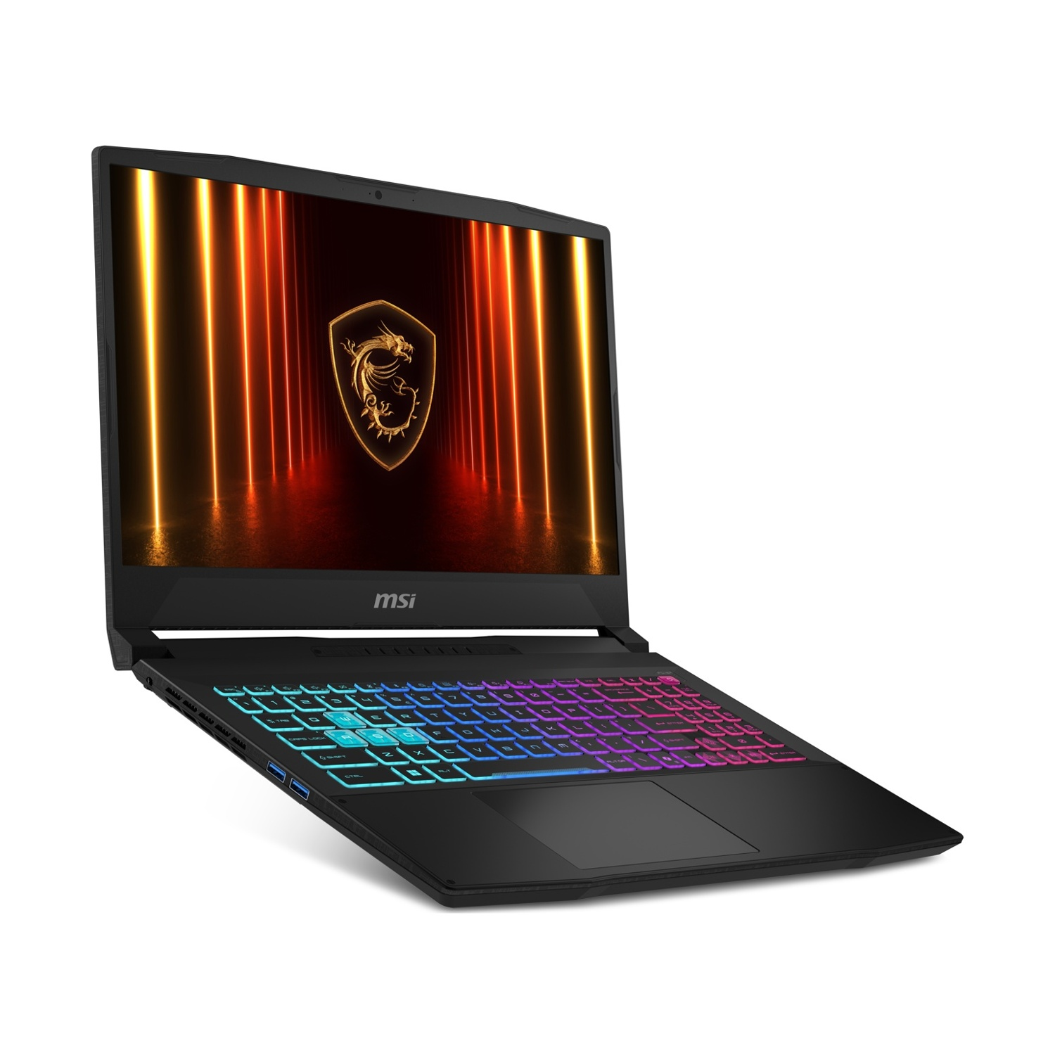 Laptop nero con logo MSI, schermo illuminato di arancione, tastiera colorata.