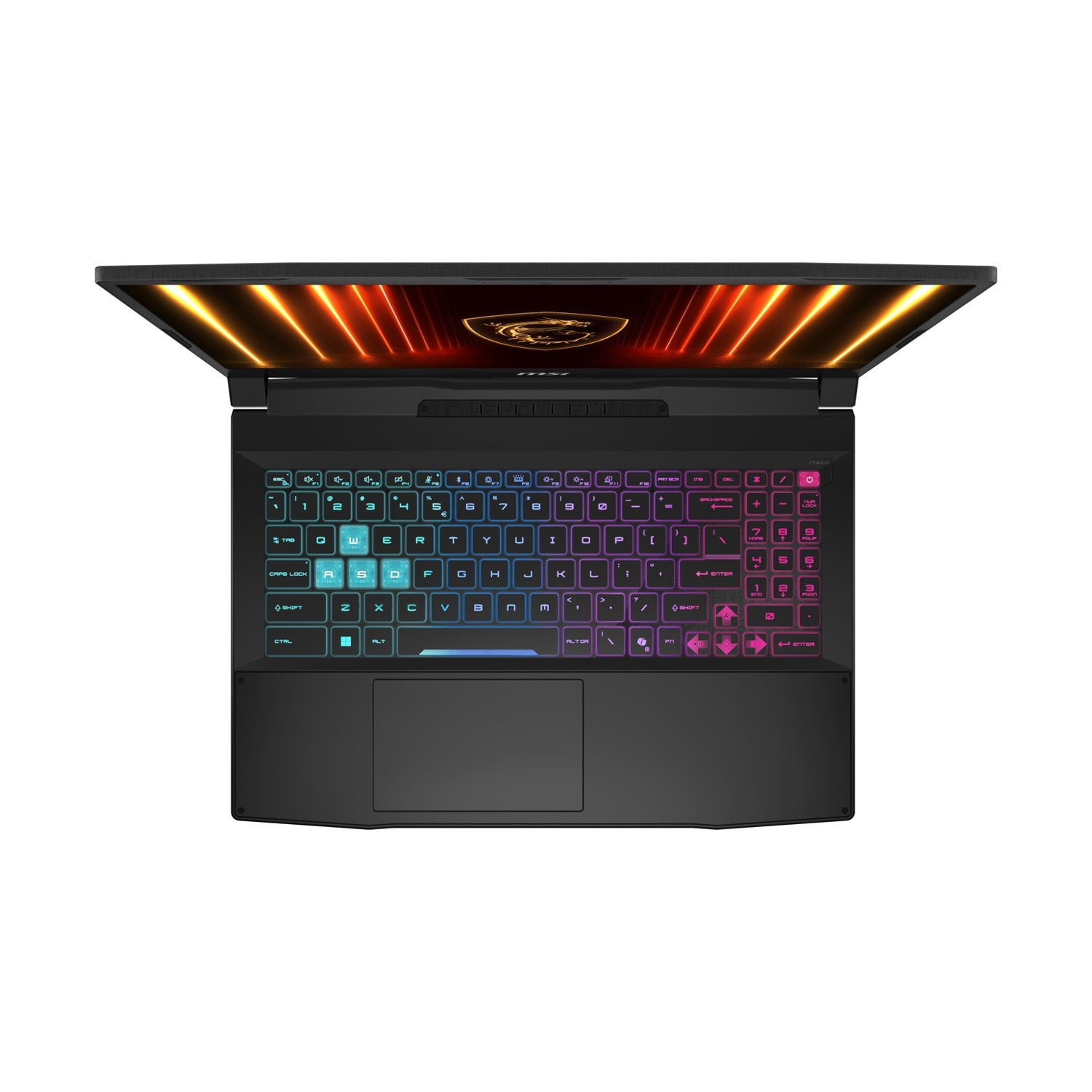 Laptop MSI nero, vista angolata. Lo schermo mostra un logo con un drago dorato, su sfondo bianco.