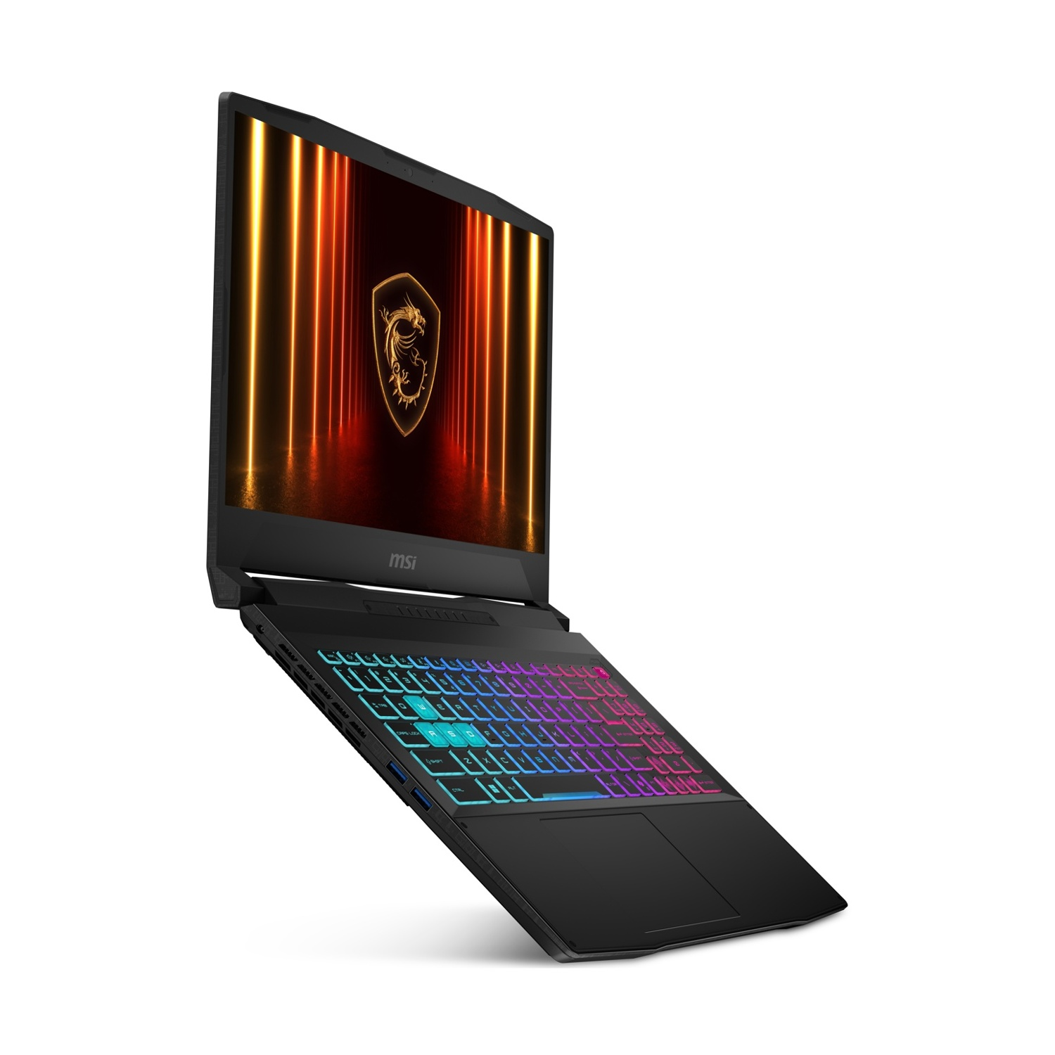 Laptop nero con logo MSI sullo schermo, tastiera illuminata con luci colorate.