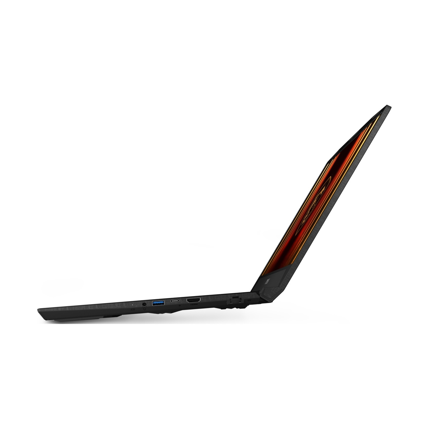 Profilo di laptop nero, che rivela le porte laterali e il suo design elegante.