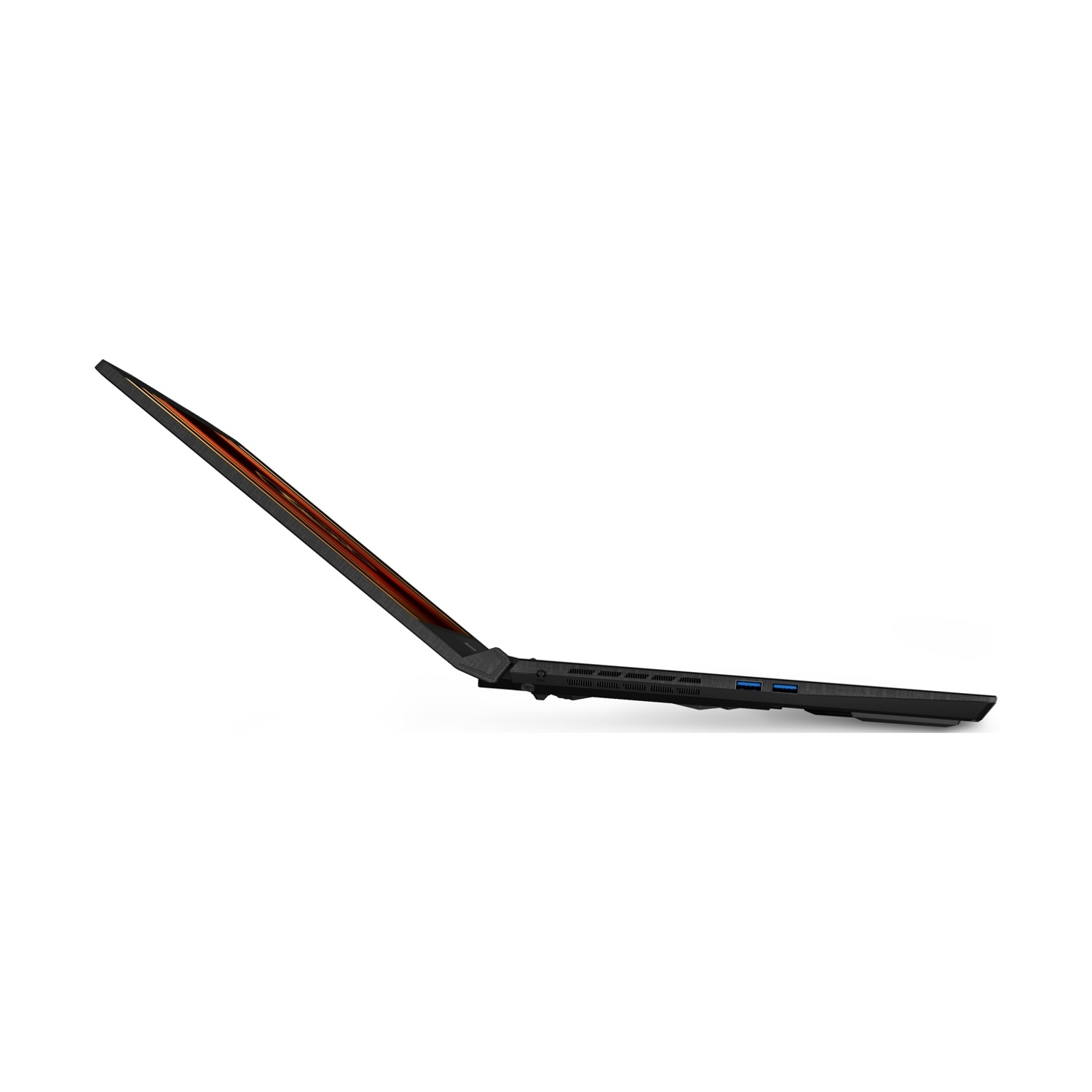 Laptop MSI nero, vista laterale. Il laptop è leggermente angolato, su sfondo bianco.
