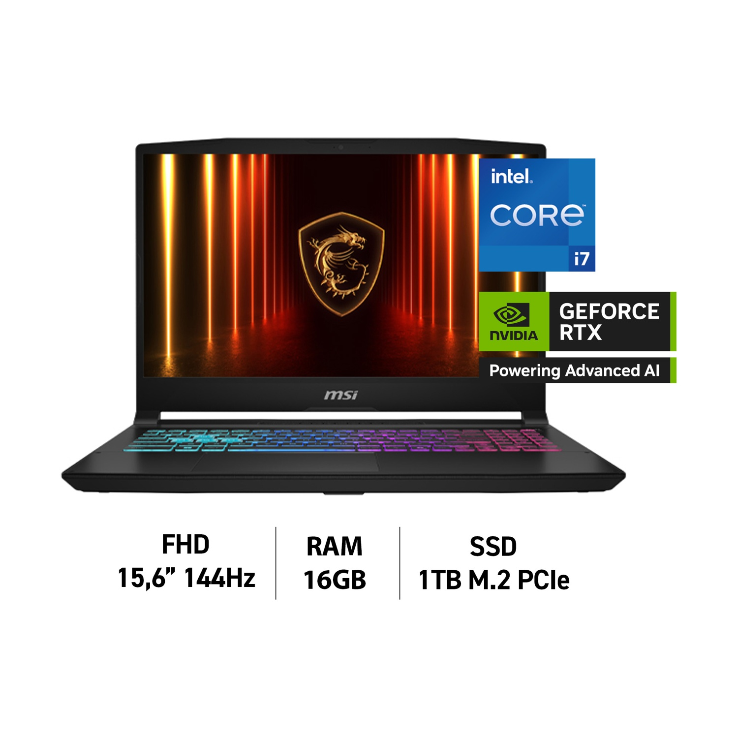 Laptop con Intel Core i7, etichetta Nvidia GeForce RTX e specifiche: FHD, 16GB RAM, 1TB SSD.