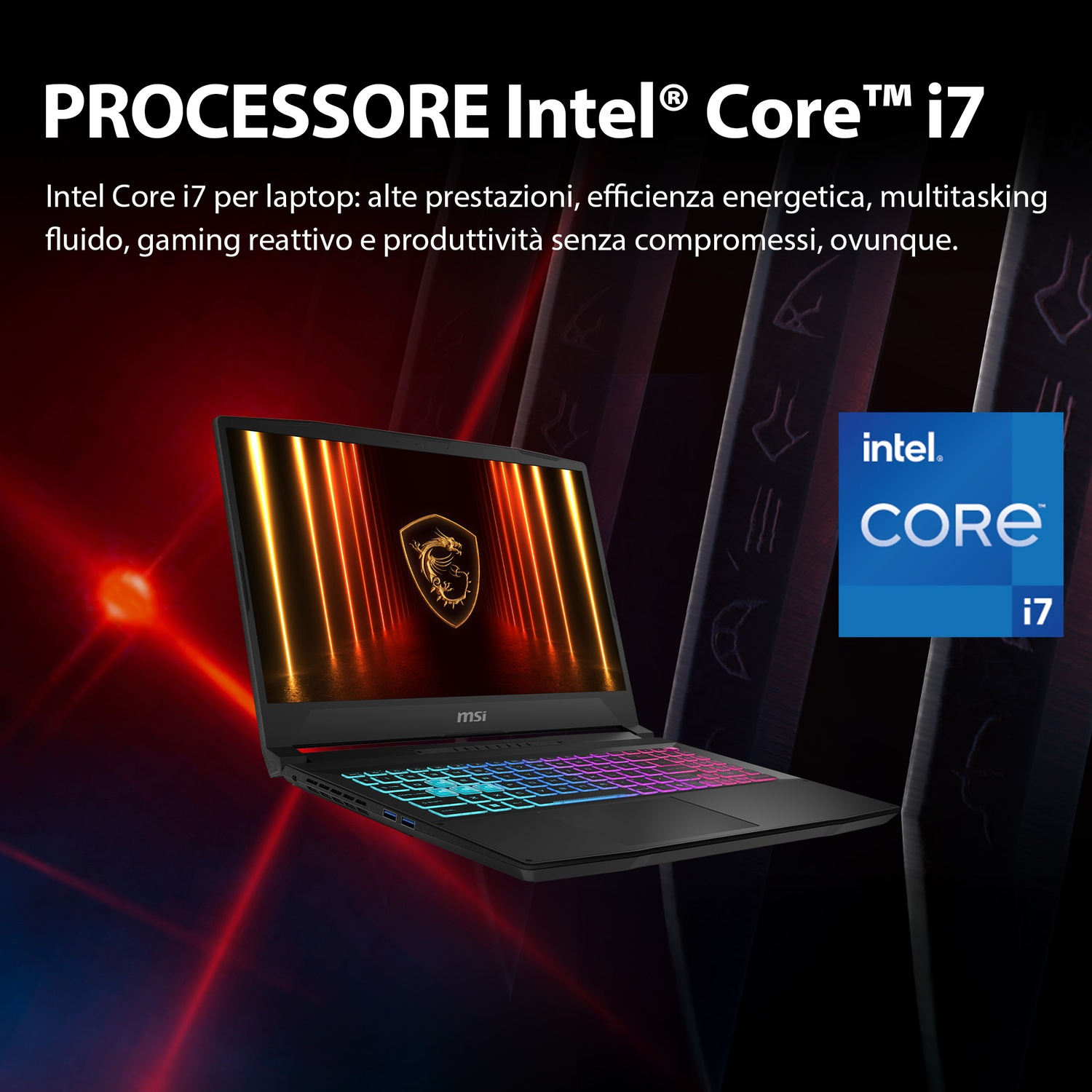 Laptop nero con tastiera retroilluminata, etichetta Intel Core i7 e logo MSI sullo schermo.