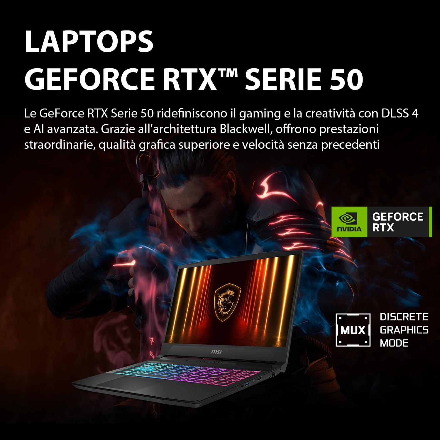 Laptop con schermo illuminato, logo MSI e persona sullo sfondo con effetto blu e rosso.
