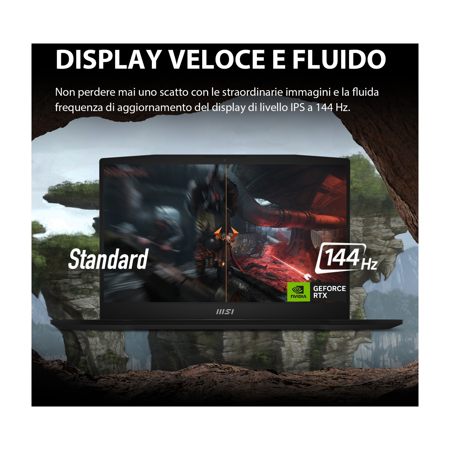 Schermo del laptop che mostra una scena di gioco, con una frequenza di aggiornamento di 144Hz.