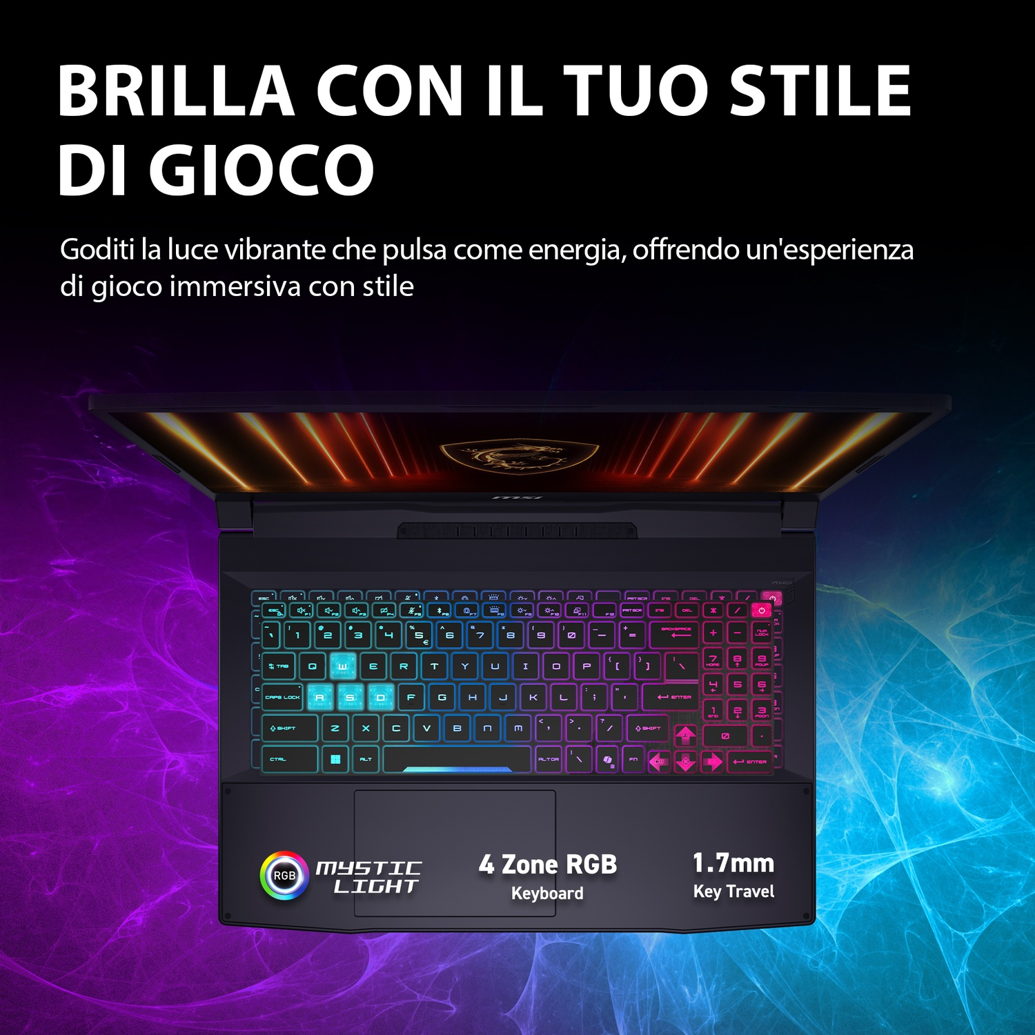 Laptop con luci tastiera colorate, logo MSI e 4 zone RGB.