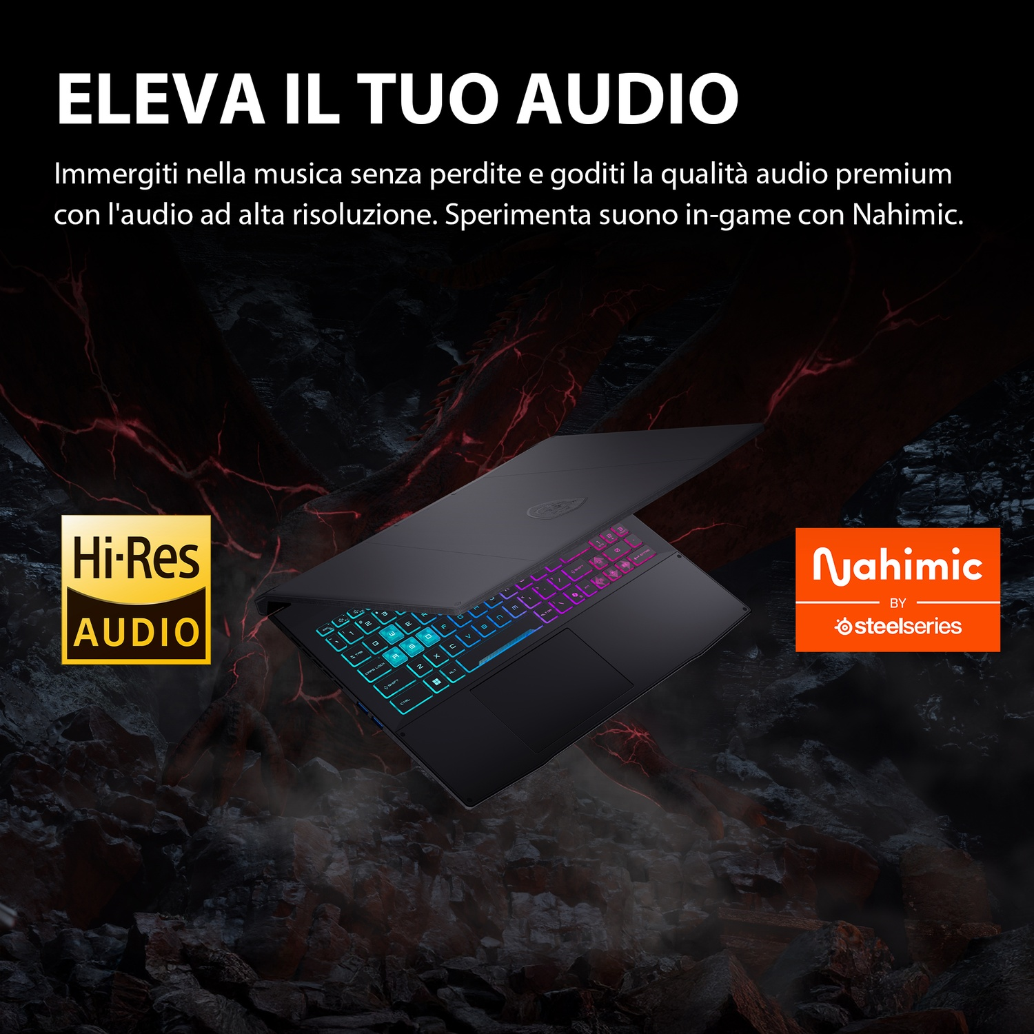 Laptop nero con tastiera illuminata, logo audio Hi-Res, logo Nahimic e sfondo astratto.