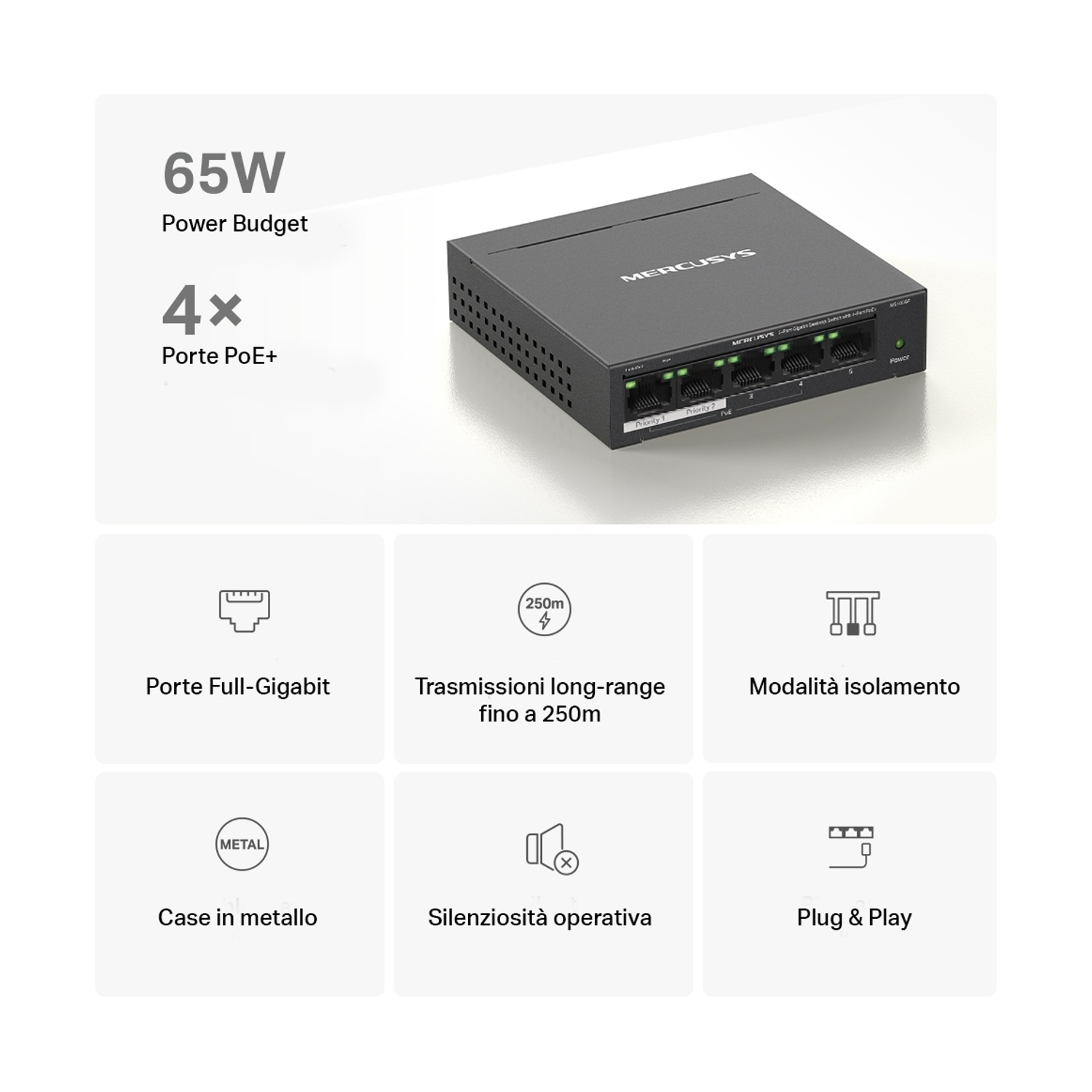 Switch di rete nero, logo Mercusys e icone che indicano le funzioni.