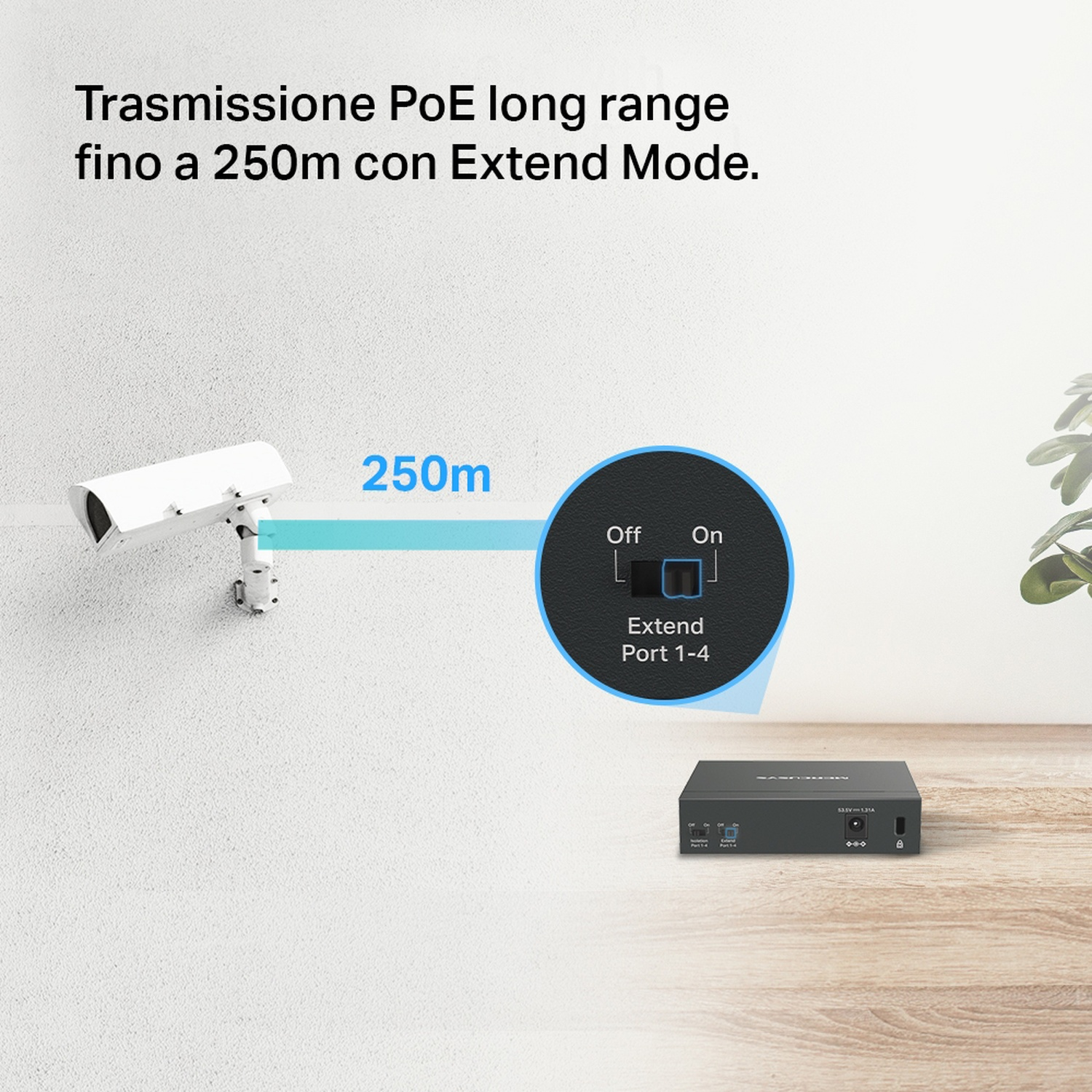 Immagine di una telecamera di sicurezza con uno switch, che mostra la 'Modalità Estesa' e una distanza di 250 m.