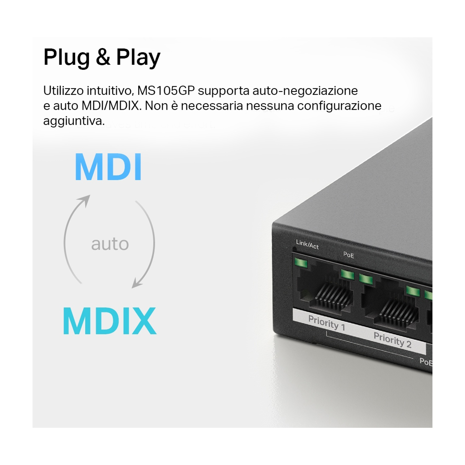 Primo piano di uno switch con etichette 'MDI' e 'MDIX' e una freccia curva.