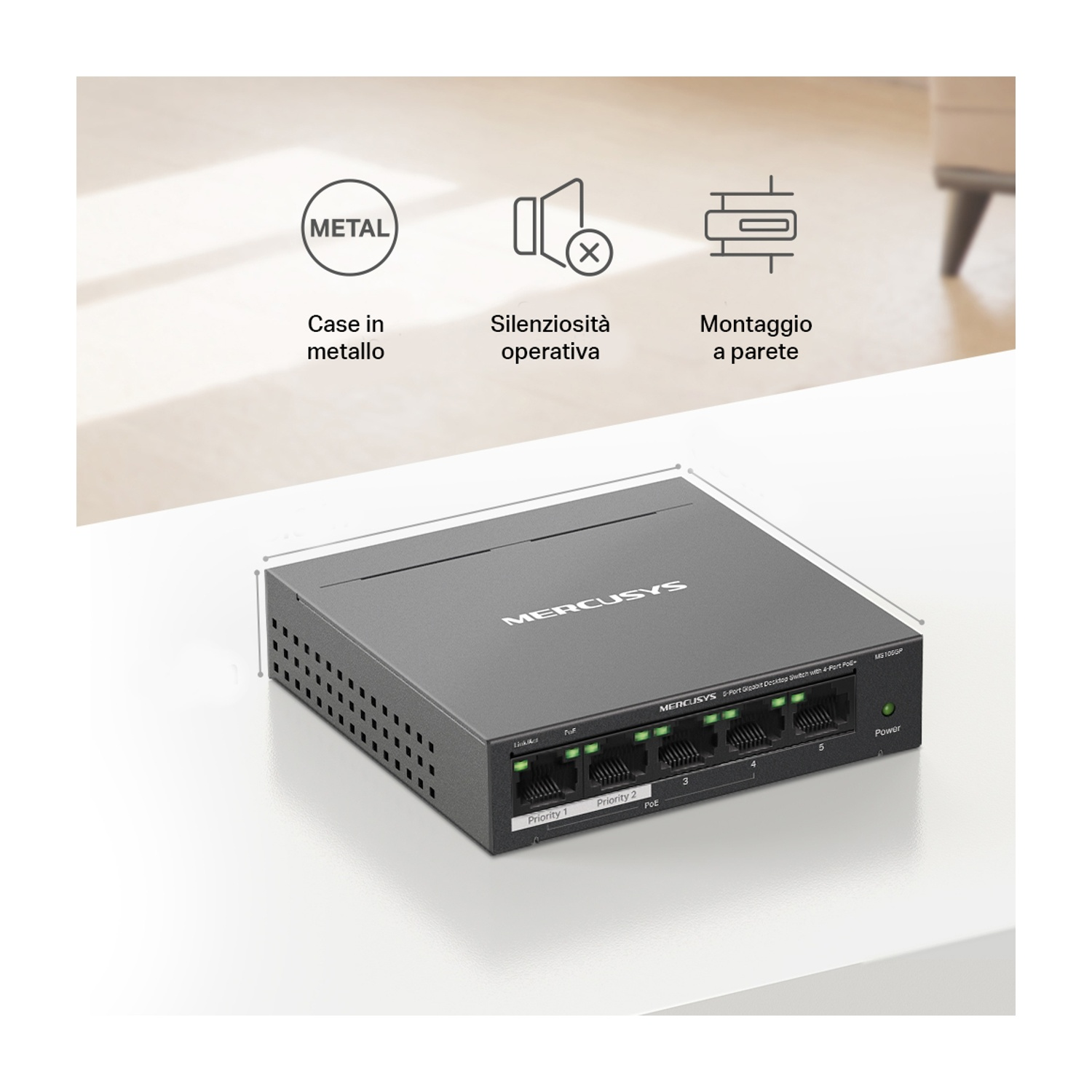 Switch di rete nero, logo Mercusys e icone delle funzioni.