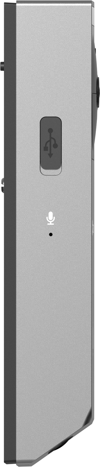 Seitenansicht eines silbernen Geräts mit USB-Anschluss und Mikrofon-Symbol.