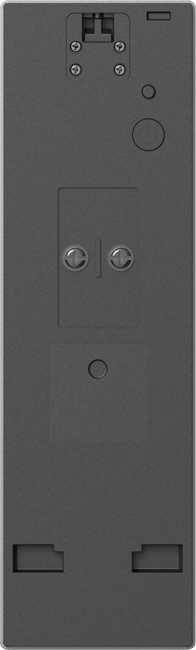Rückseite eines silbernen Geräts mit Befestigungshardware und zwei silbernen Schrauben.