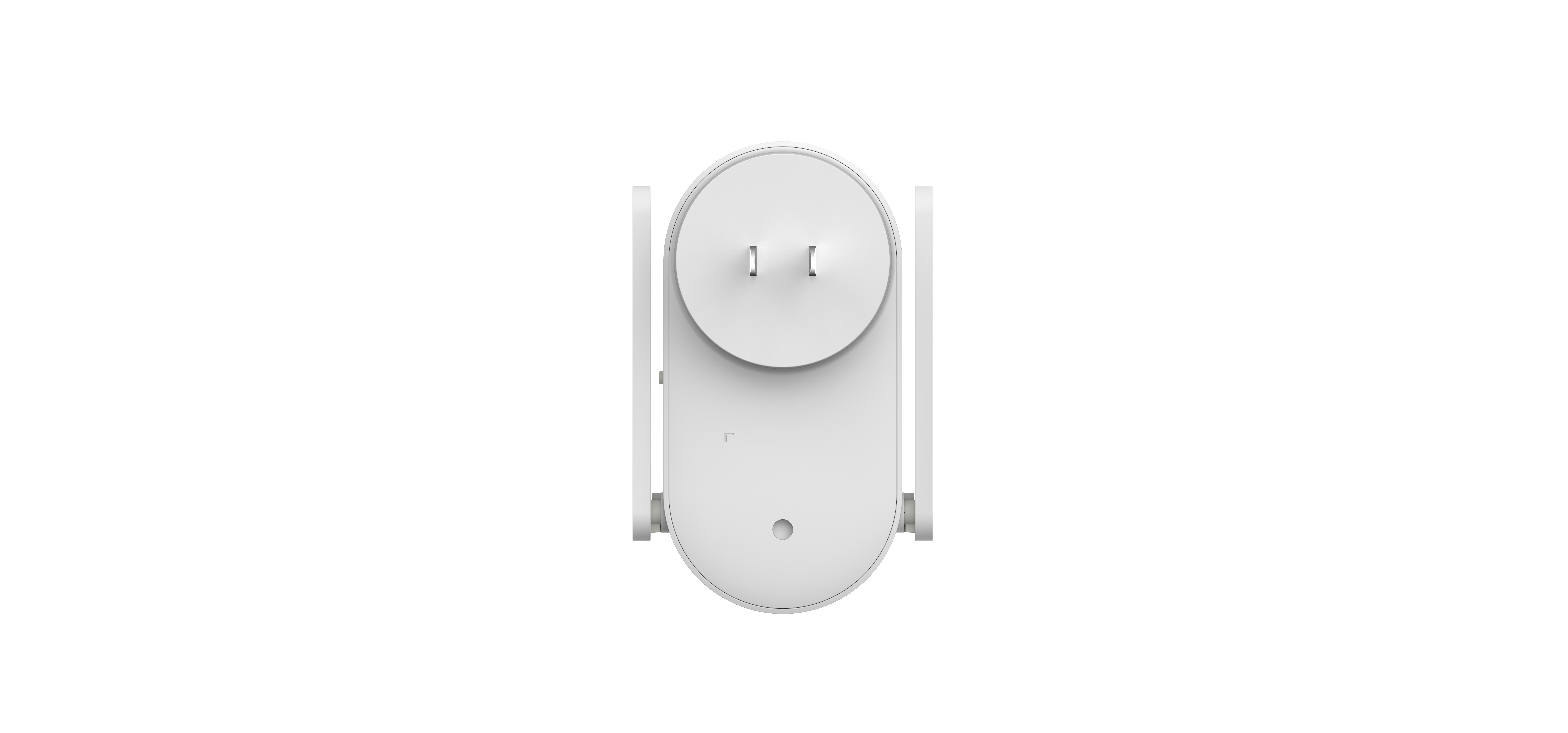 Weißes elektronisches Gerät von oben mit Stecker und zwei seitlichen Verlängerungen auf weißem Hintergrund. Das Gerät ist zentriert.