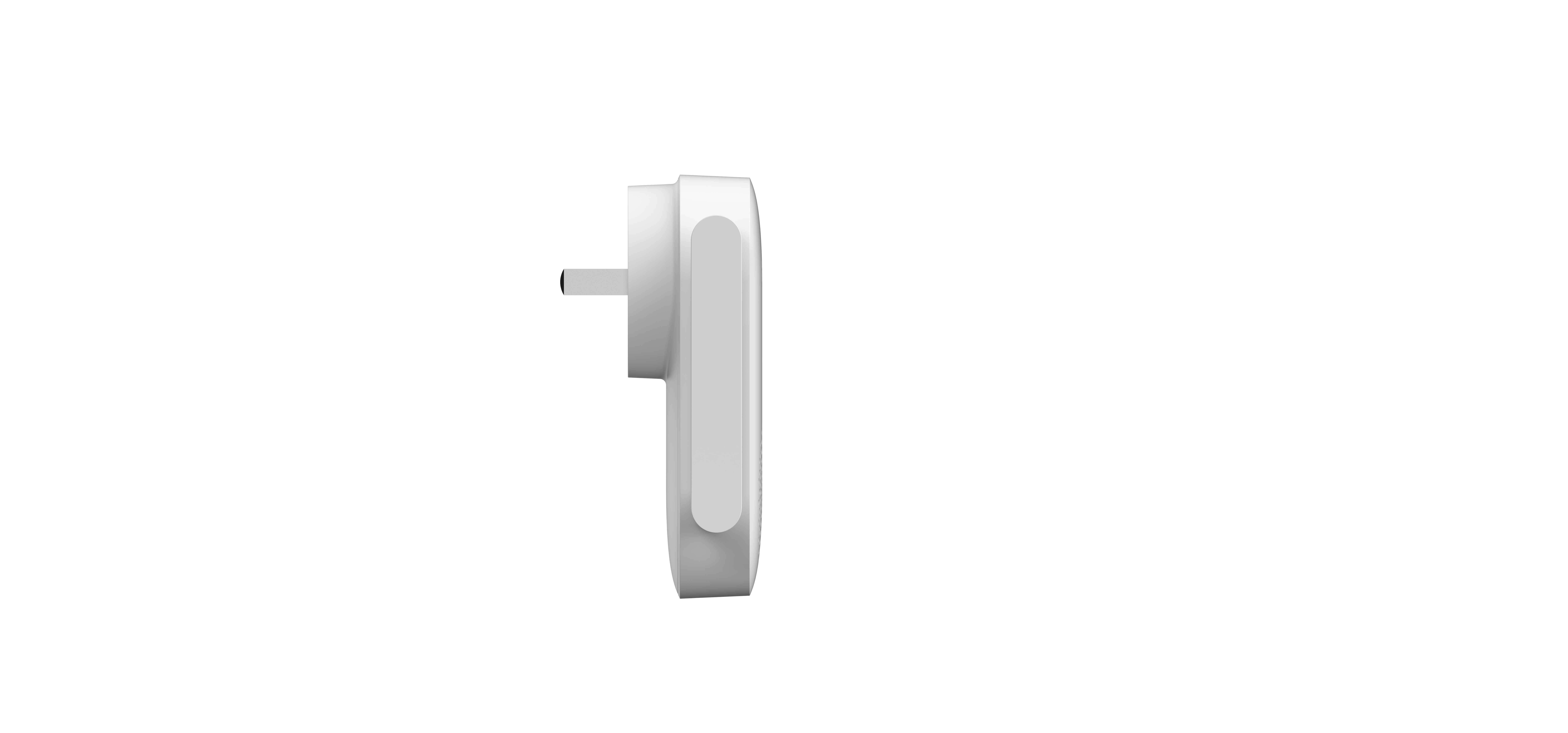 Weißes elektronisches Gerät mit Stecker, von der Seite gesehen, auf weißem Hintergrund. Das Gerät ist horizontal ausgerichtet.