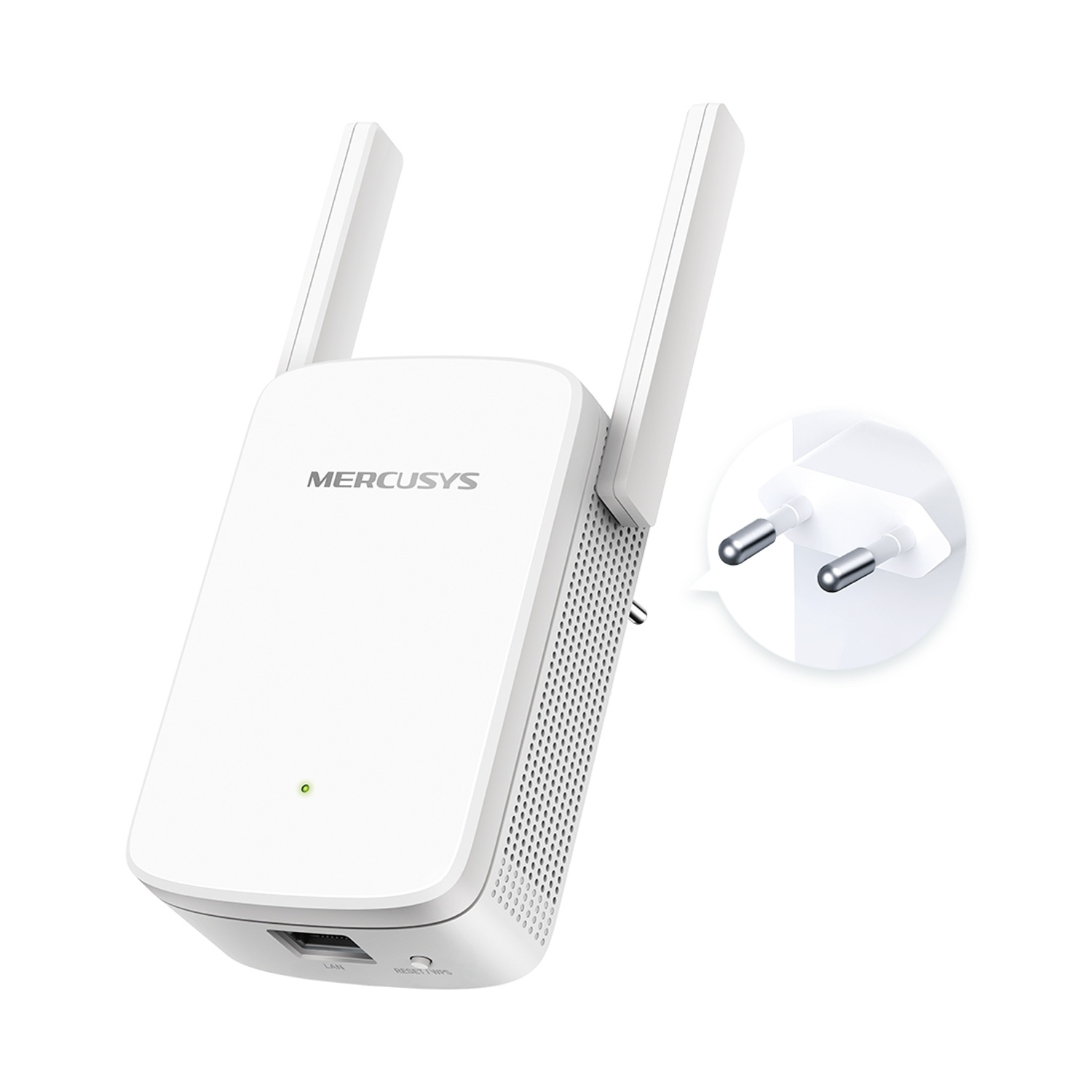 Ripetitore WiFi Mercusys bianco con due antenne, una spina e un LED verde su sfondo bianco.