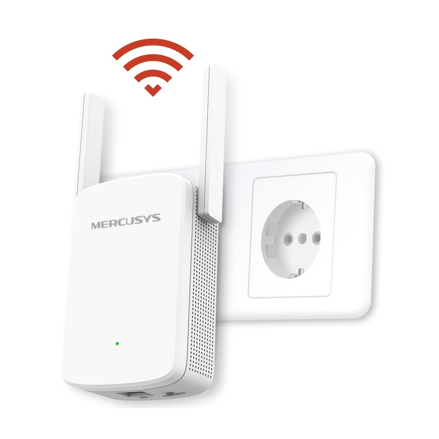 Ripetitore WiFi Mercusys bianco collegato a una presa a muro con icona del segnale WiFi sopra.