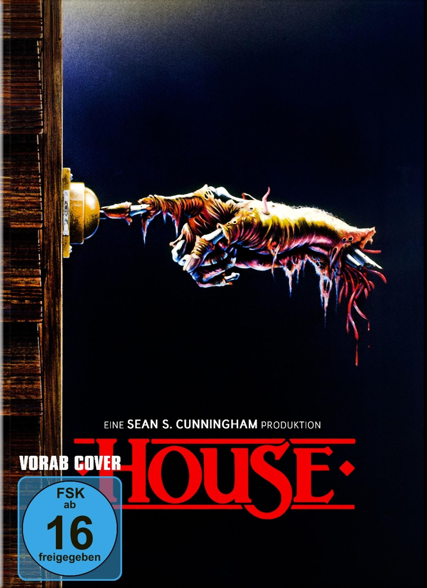 Eine grausige Hand drückt eine Türklingel. Roter Titel 'HOUSE' darunter. FSK 16-Rating links.