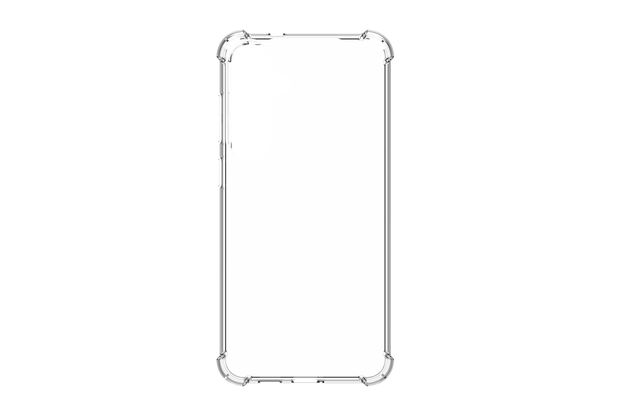 Umriss einer Handyhülle, transparent. Weißer Hintergrund.