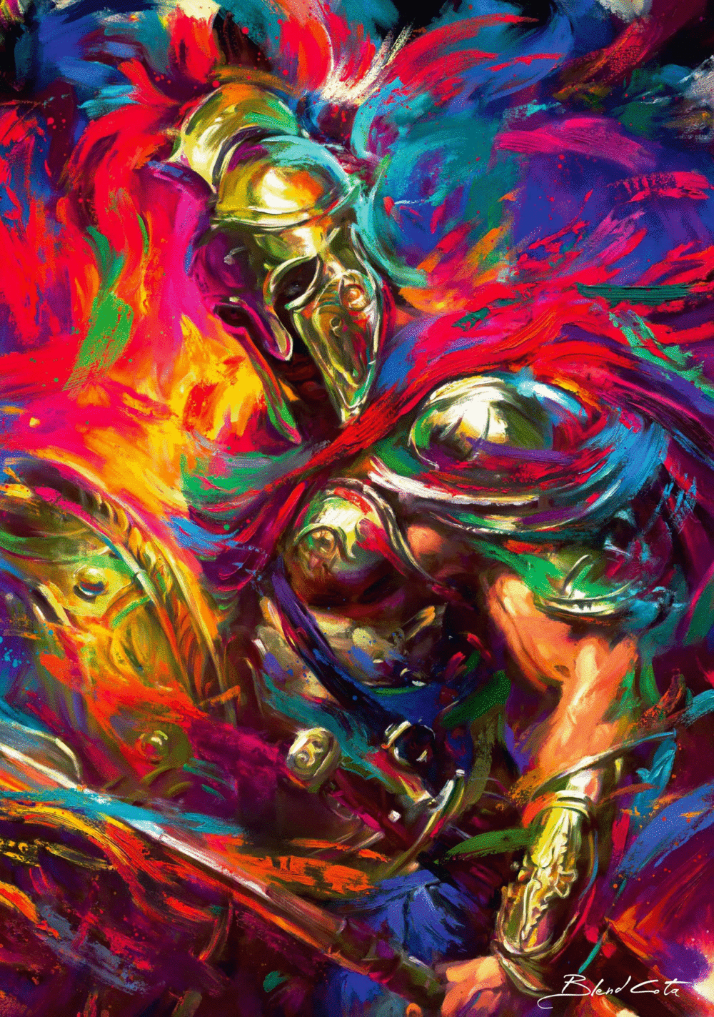 Wojownik w złotej zbroi z kolorowym, abstrakcyjnym tłem.