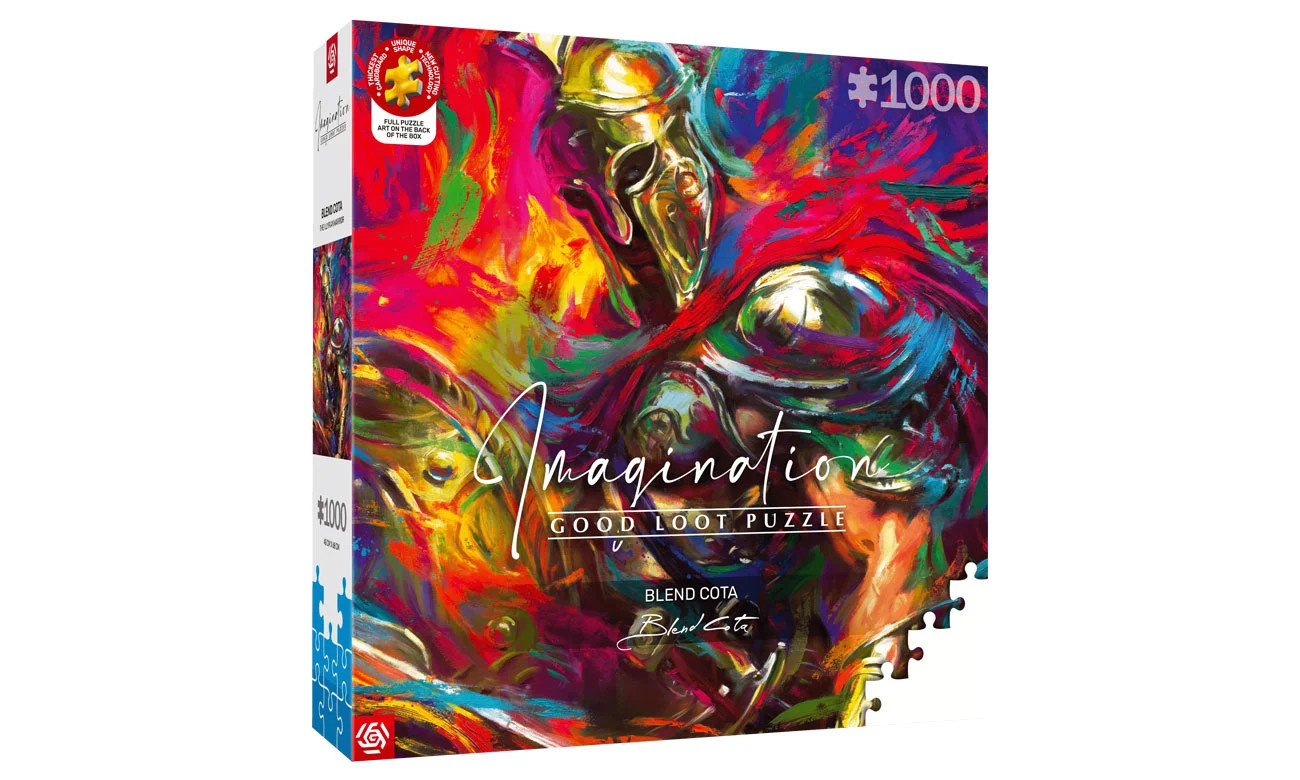 Pudełko z puzzlami z wojownikiem w zbroi, kolorowym tłem i elementami.