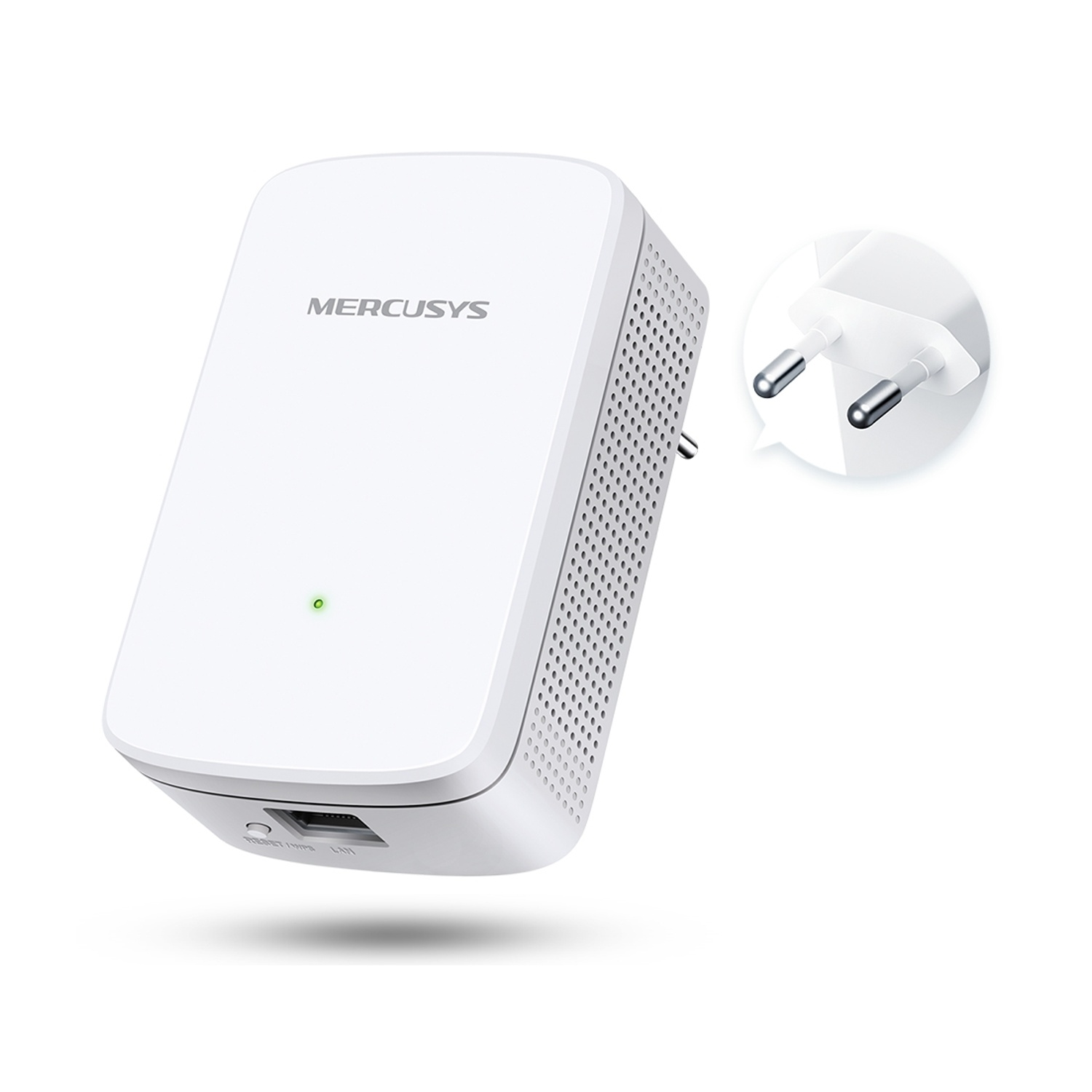 Adattatore powerline bianco con logo Mercusys e porta di rete. Sfondo bianco. Dettaglio spina a destra.