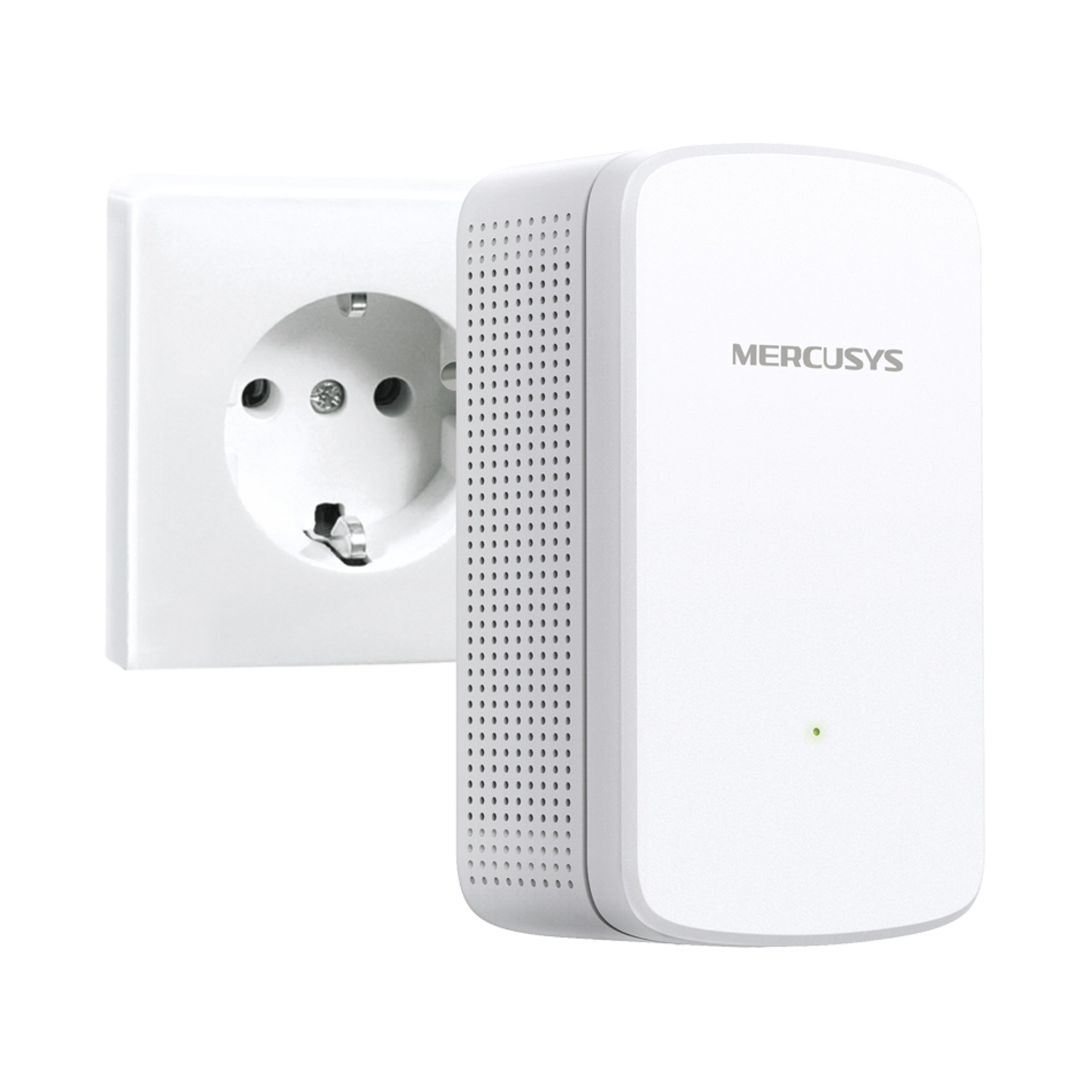 Adattatore powerline bianco collegato a una presa a muro. Logo Mercusys visibile. Sfondo bianco. Luce verde accesa.