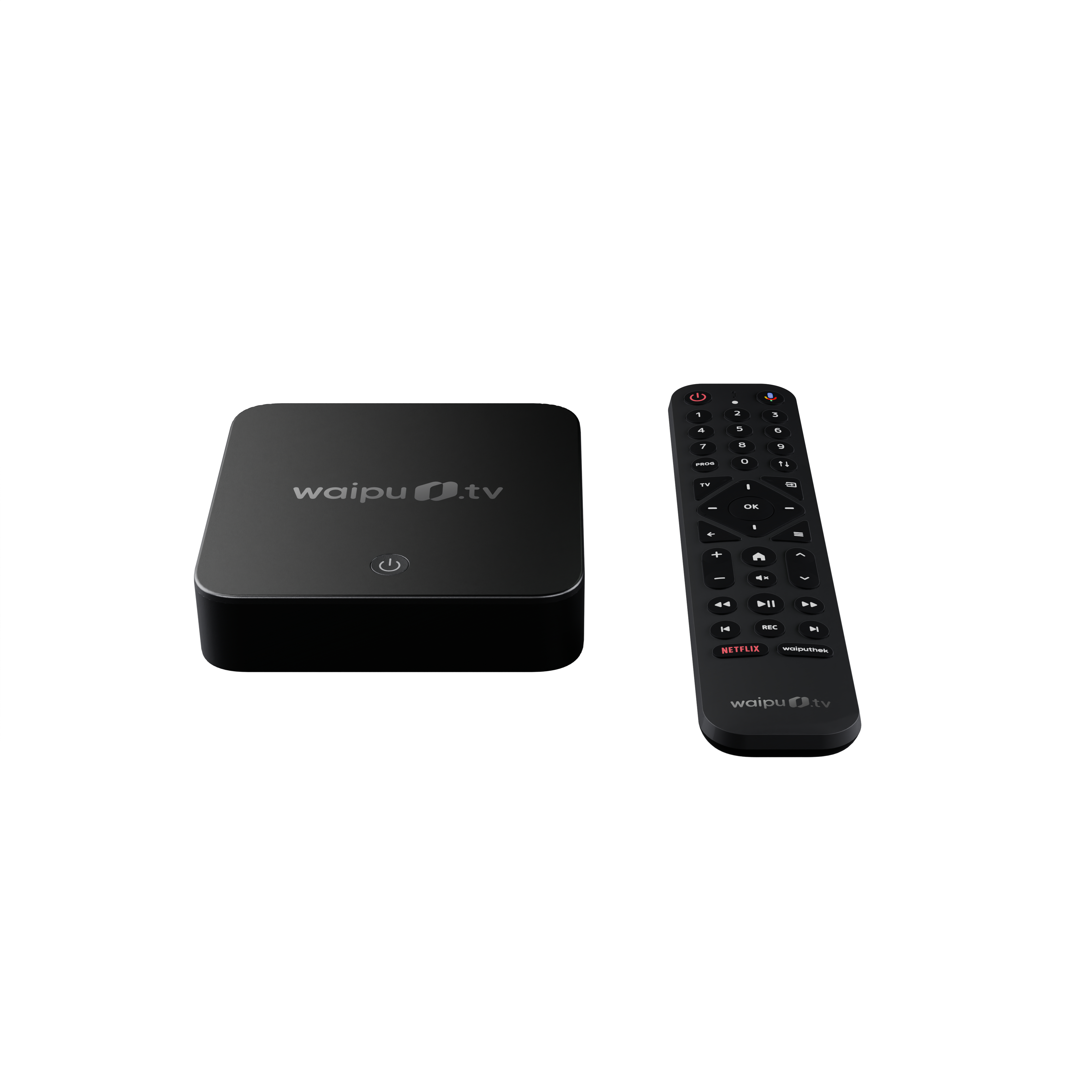 Eine schwarze Set-Top-Box und Fernbedienung, isoliert auf Weiß.