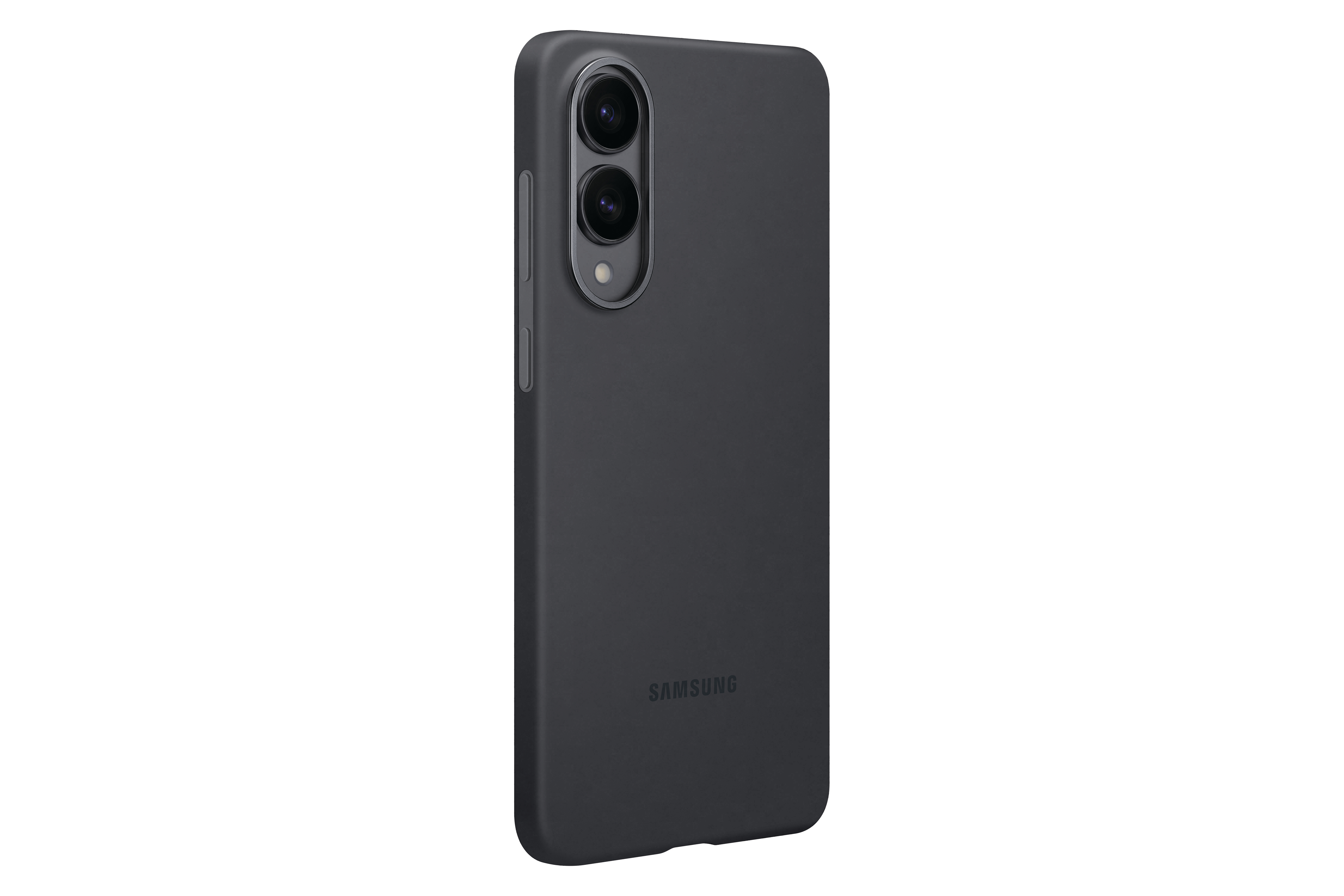 Schwarze Handyhülle mit SAMSUNG Logo, isoliert, weißer Hintergrund.