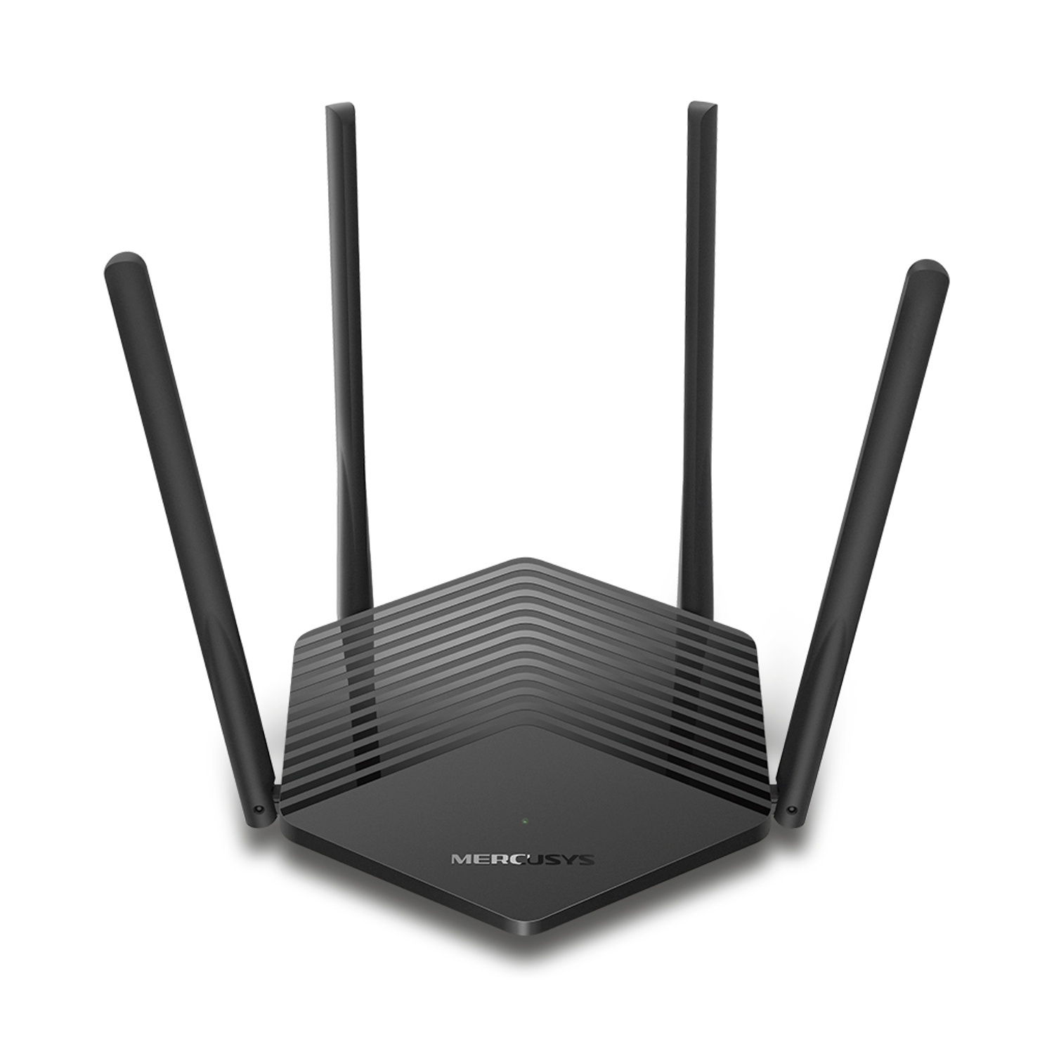 Un router nero con quattro antenne, visto da un angolo leggermente elevato.