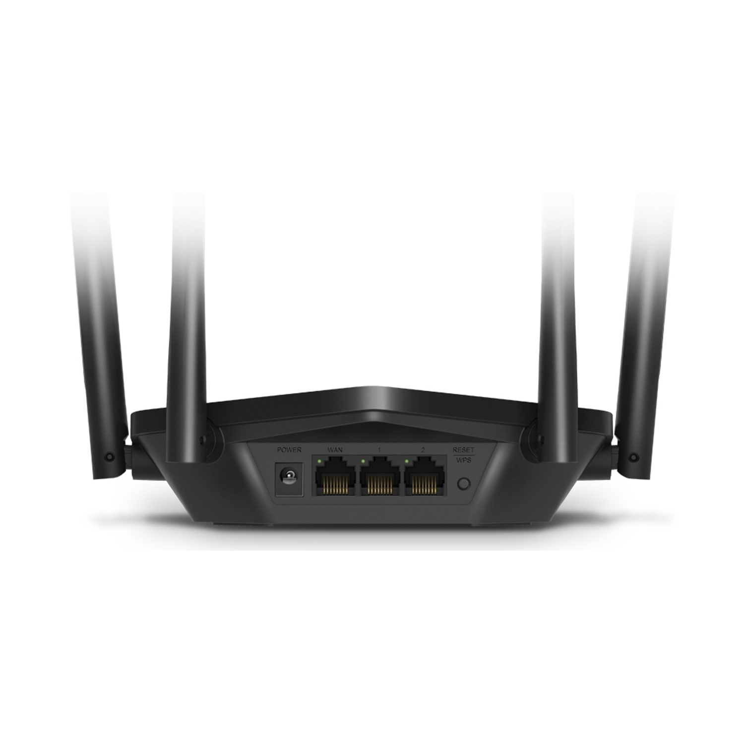 Un router nero con porte e una presa di corrente sul retro.