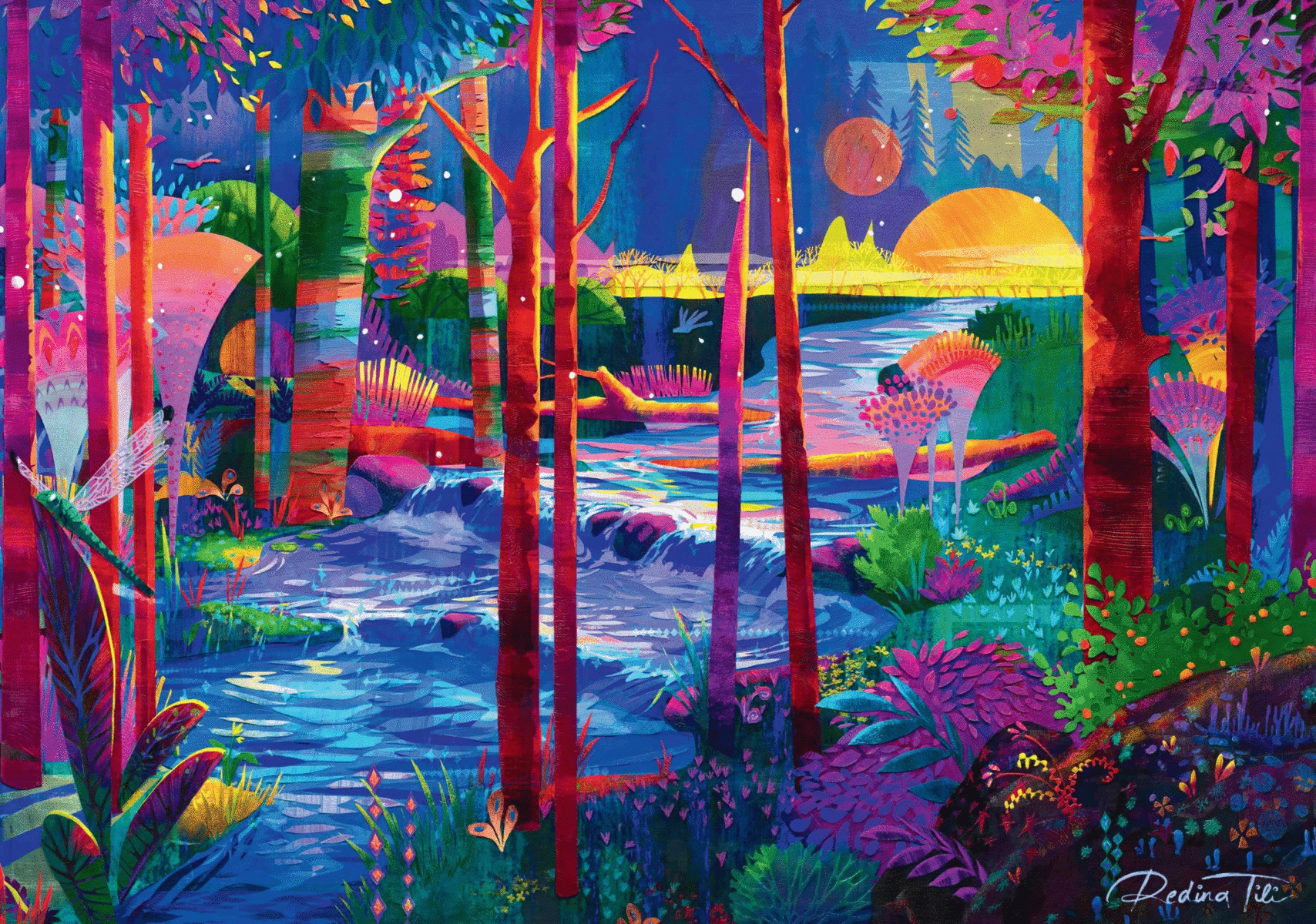 Kolorowa scena leśna z czerwonymi drzewami, rzeką i słońcem.