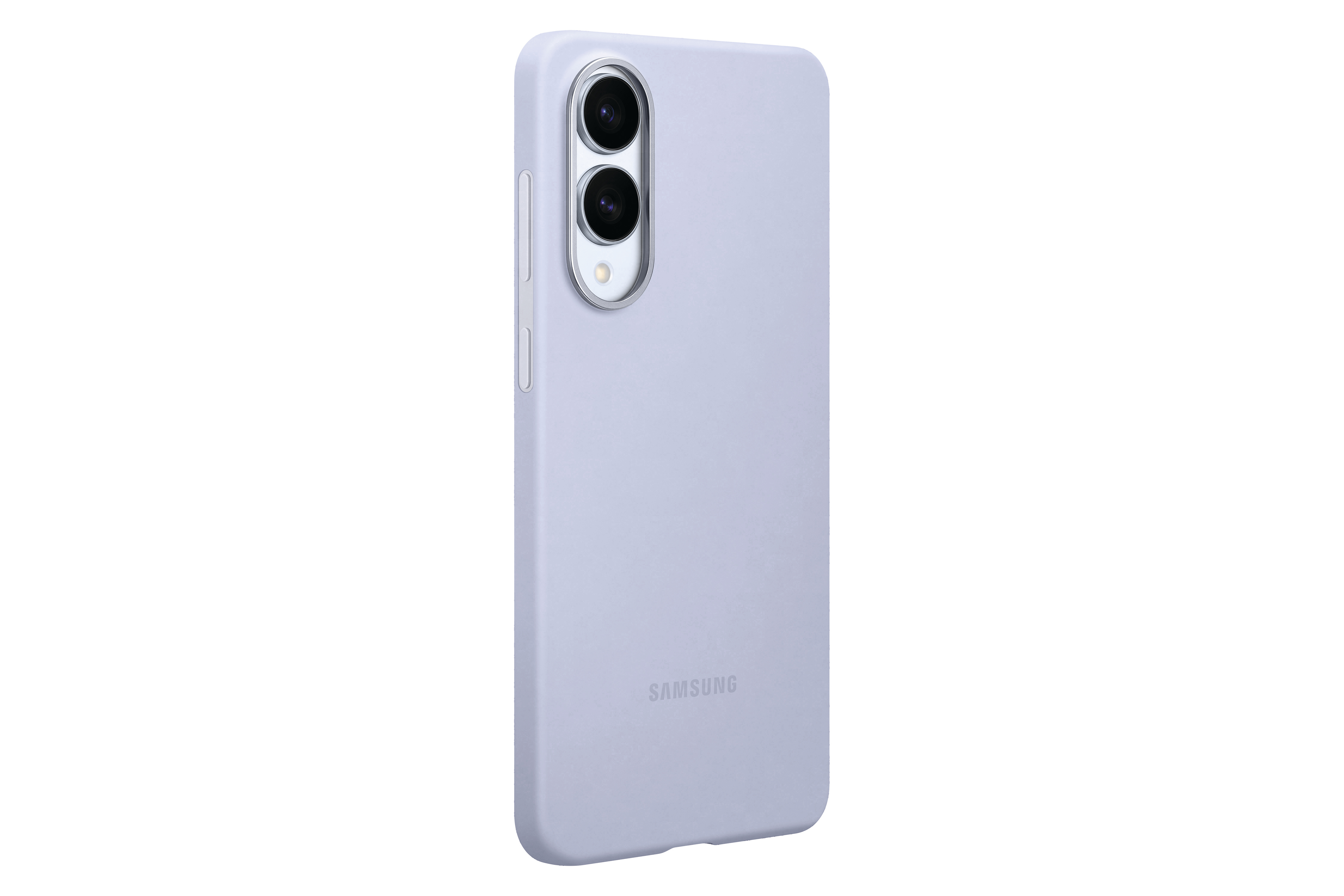 Lila Samsung Handyhülle. Loch für Kameras. SAMSUNG-Logo. Weißer Hintergrund.