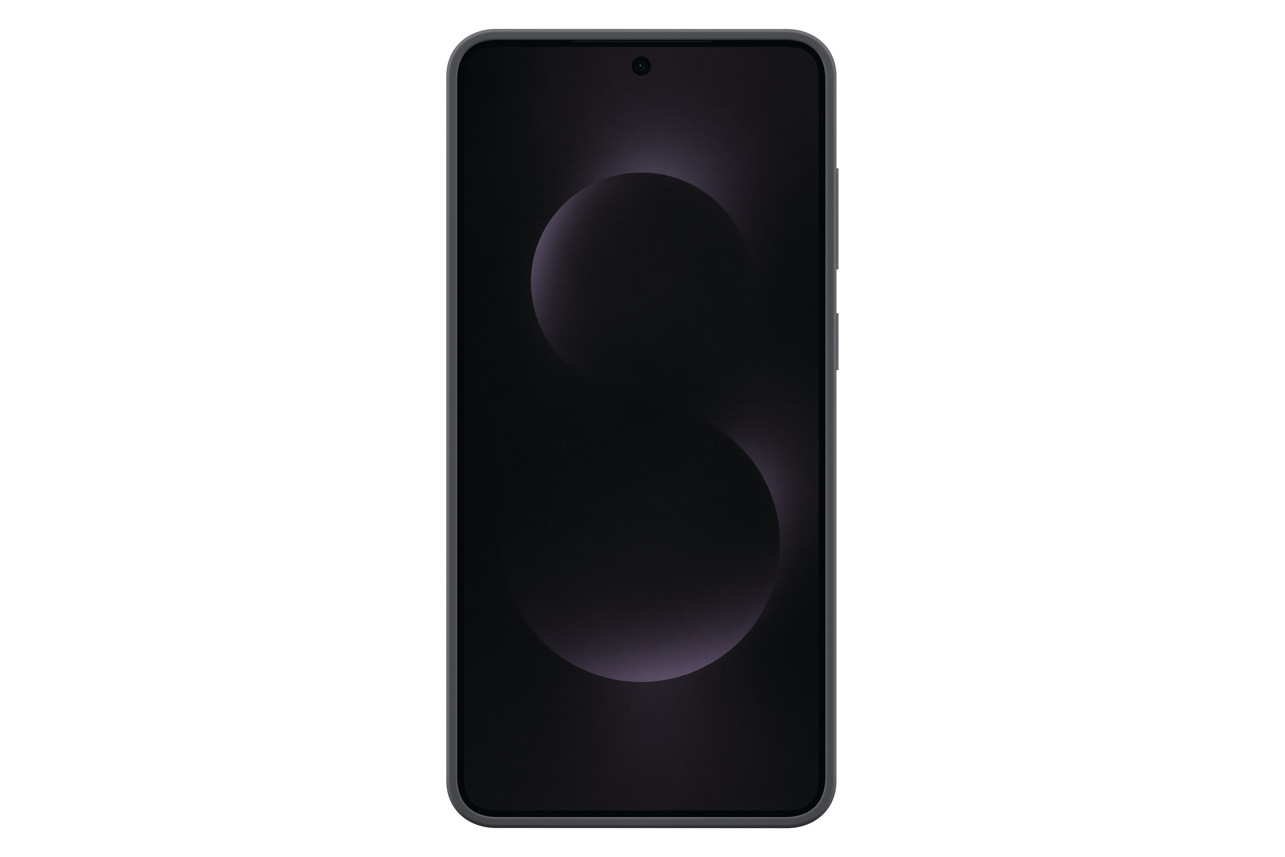 Schwarzer Telefonbildschirm mit dunklen abstrakten Formen. Vorderansicht, weißer Hintergrund.