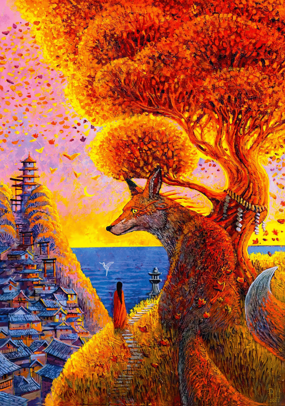 Lis spogląda na japońską wioskę, kobieta w czerwieni idzie w stronę świątyni. Otaczają ją jesienne drzewa.