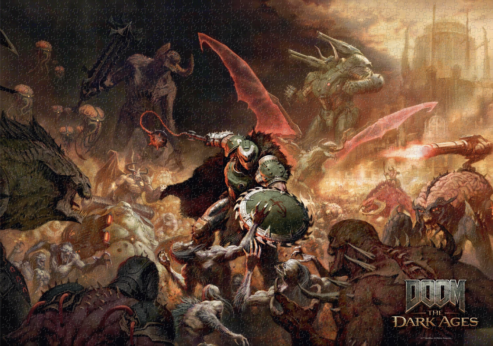 Puzzle Doom: Wojownik walczy z demonami w piekle mieczem i tarczą. Otacza go wielu demonów.