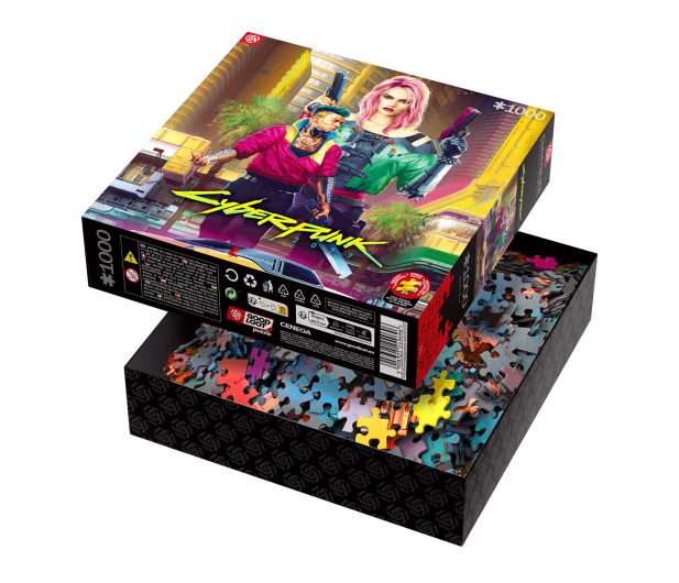 Pudełko z puzzlami z dwiema postaciami trzymającymi broń i słowami „Cyberpunk 2077”.